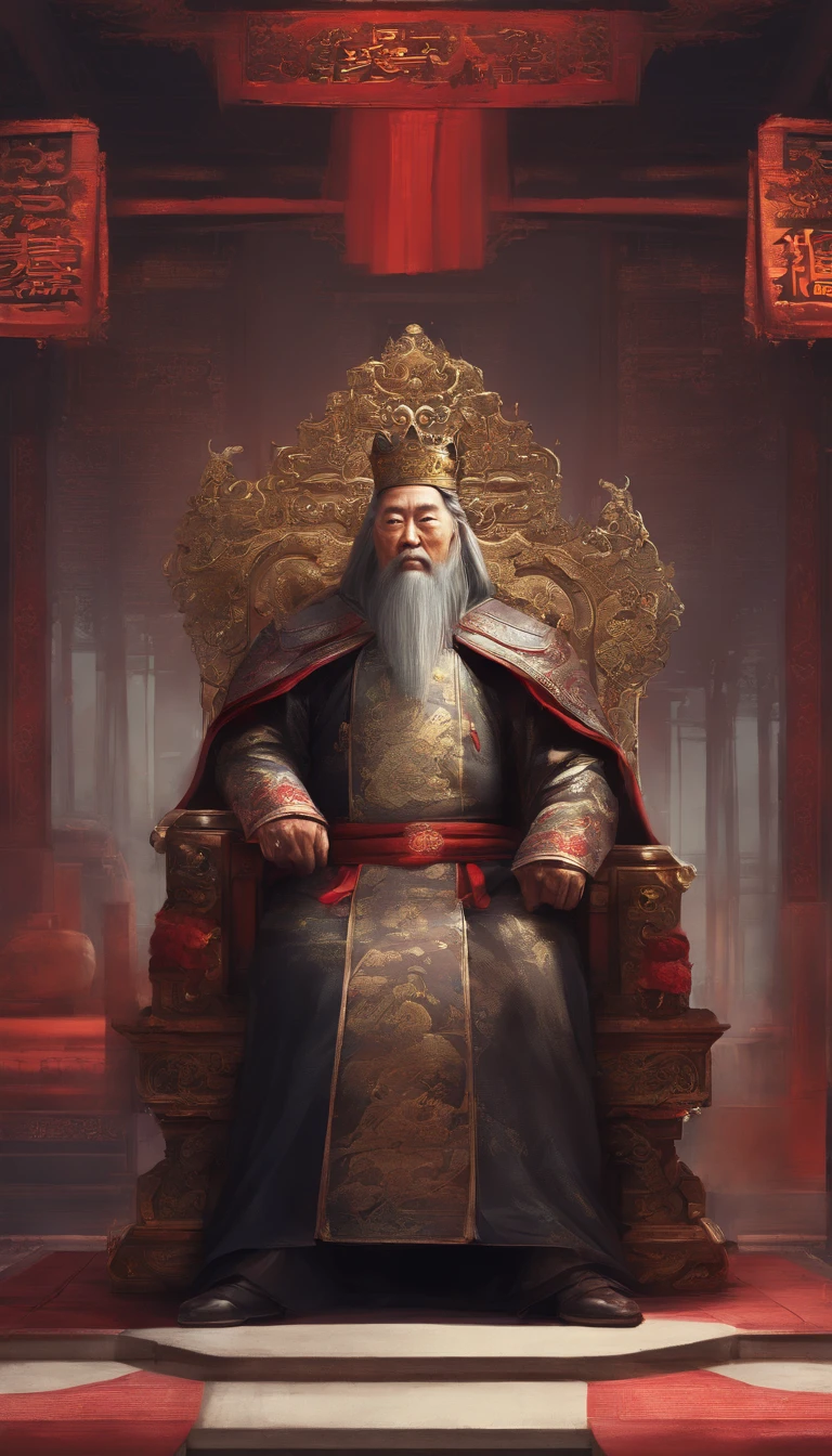 An old king of china is sitting on his chair in the palace