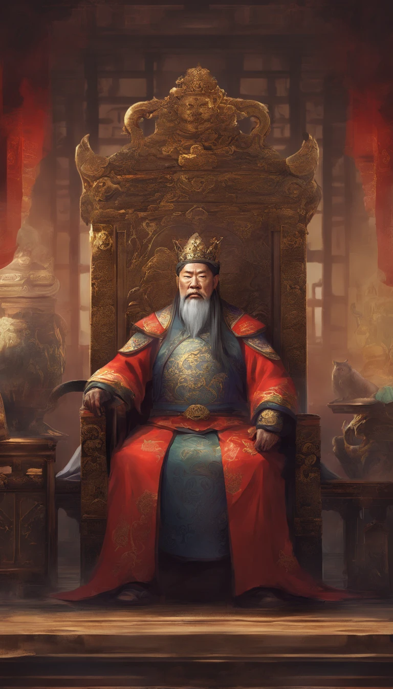 An old king of china is sitting on his chair in the palace