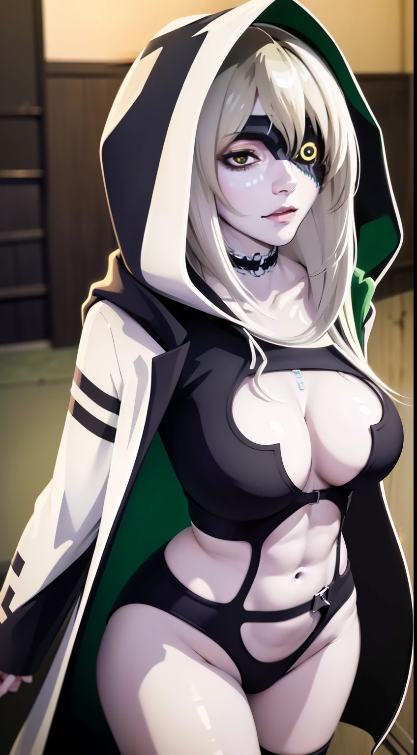 (masterpiece, best quality, ultra-detailed), 1girl, LokiKamikatsu, hooded coat, digital outfit, digital choker, digital eyepatch, white skin,looking at viewer