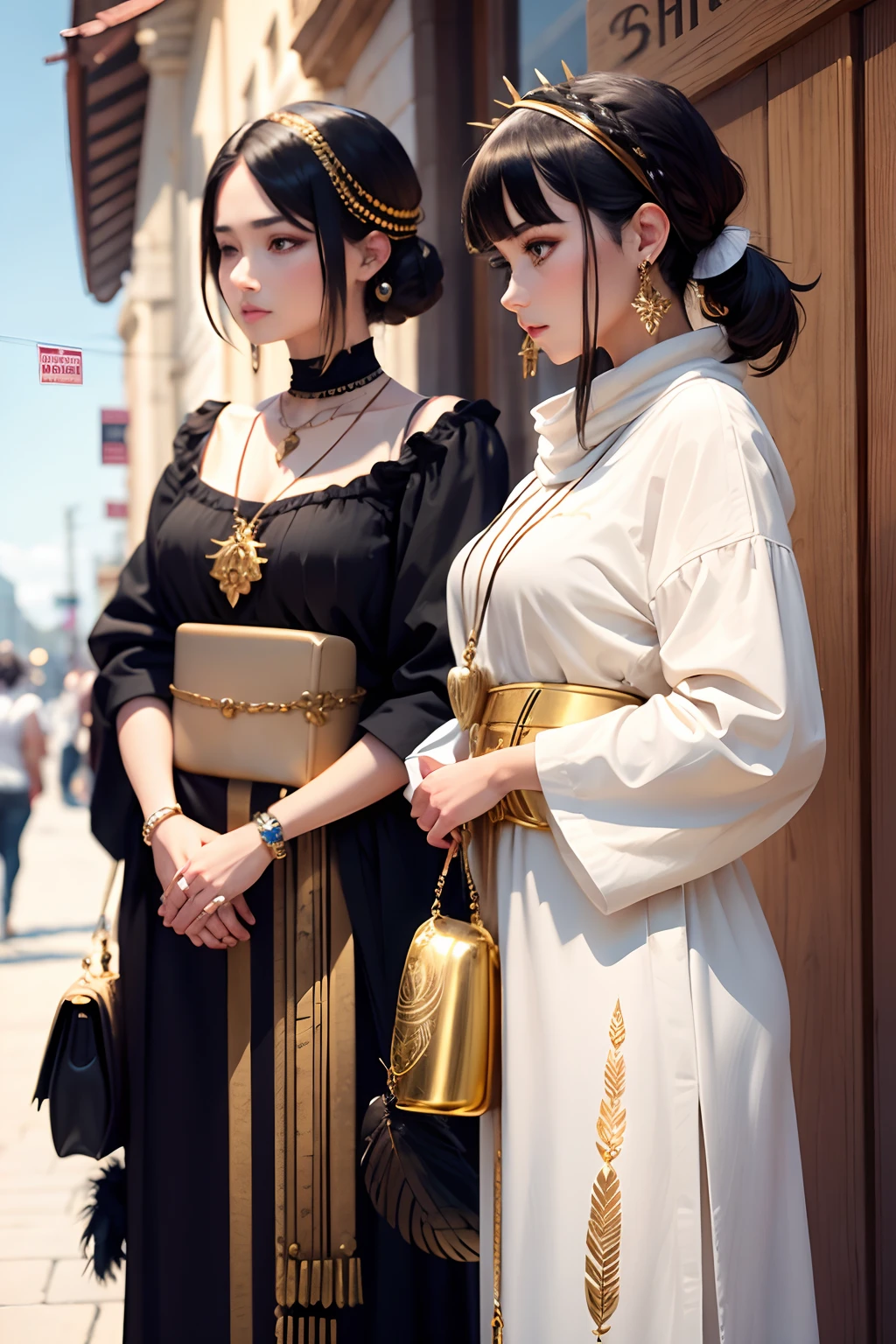 gold jewelry with black bird feather and two white liters