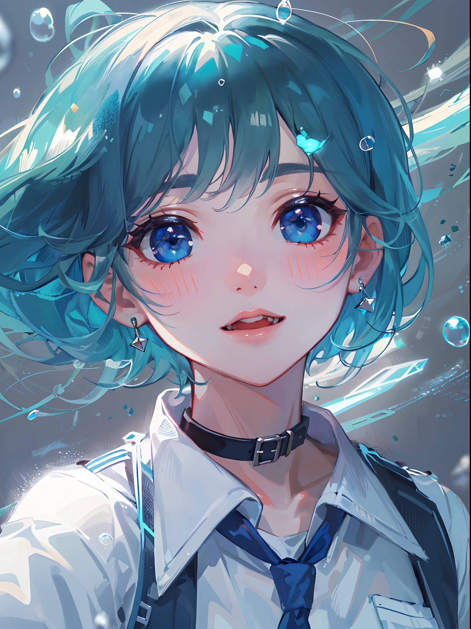 ((top-quality)), ((masterpiece)), ((ultra-detailliert)), (extremely delicate and beautiful), girl with, 独奏, cold attitude,((Black jacket)),She is very(relax)with the(Settled down)Looks,A dark-haired, depth of fields,evil smile,Bubble, under the water, Air bubble,bright light blue eyes,Inner color with light blue hair and dark blue tips,Cold background,Bob Hair - Linear Art, shortpants、knee high socks、White uniform like school uniform、Light blue ribbon ties、Clothes are sheer、Hands in pockets、Glass shards background、Blue fluorescent hair tips