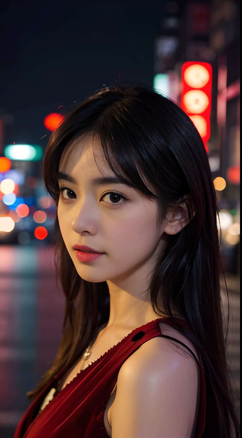 1girl, Tokyo street,night, cityscape,city lights, upper body,close-up, 8k, RAW photo, best quality, masterpiece,realistic, photo-realistic,