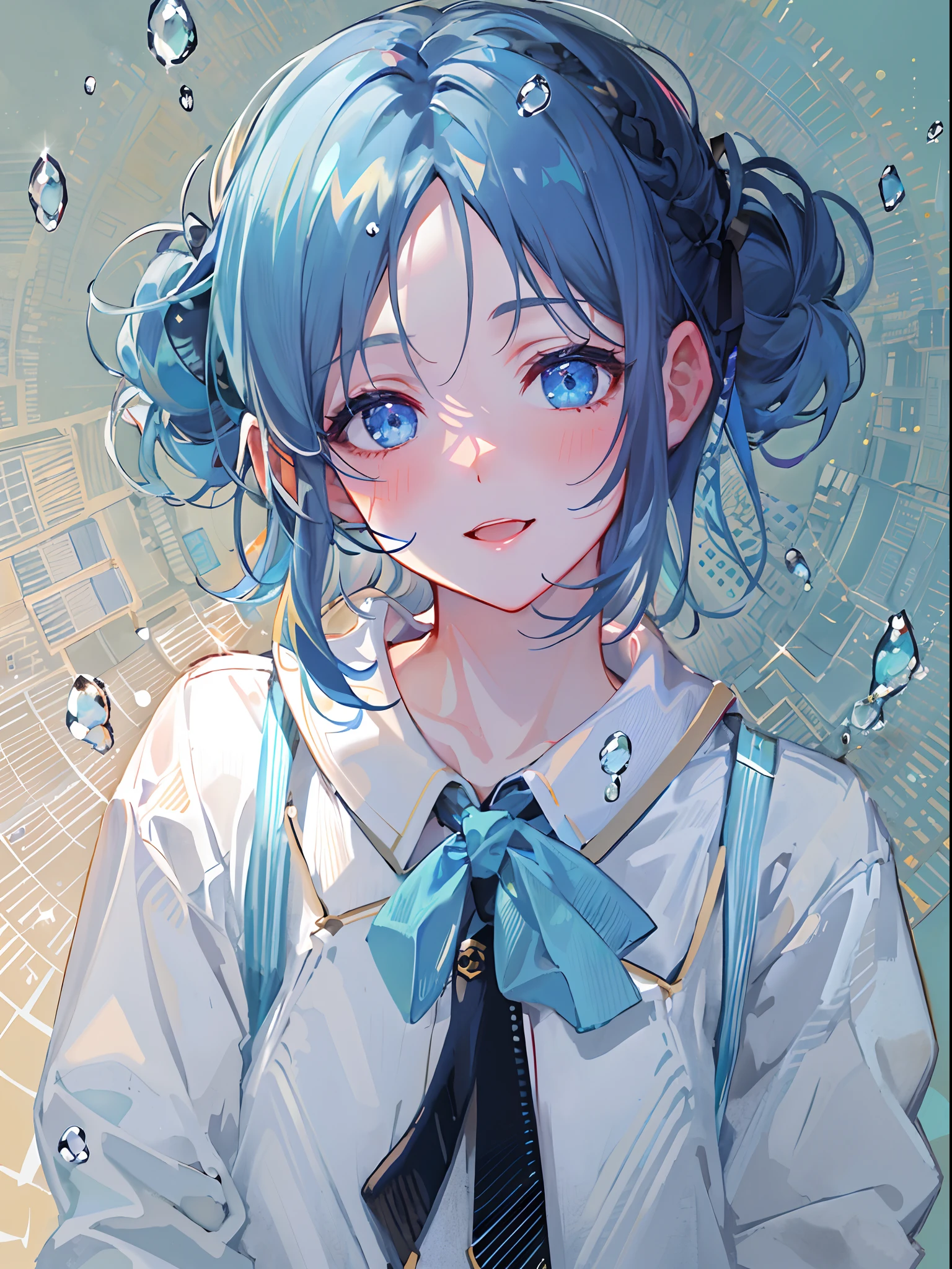 ((top-quality)), ((masterpiece)), ((ultra-detailliert)), (extremely delicate and beautiful), girl with, 独奏, cold attitude,((Black jacket)),She is very(relax)with the(Settled down)Looks,A dark-haired, depth of fields,evil smile,Bubble, under the water, Air bubble,bright light blue eyes,Inner color with light blue hair and dark blue tips,Cold background,Bob Hair - Linear Art, shortpants、knee high socks、White uniform like school uniform、Light blue ribbon ties、Clothes are sheer、Hands in pockets,bun, messy bun, side bun