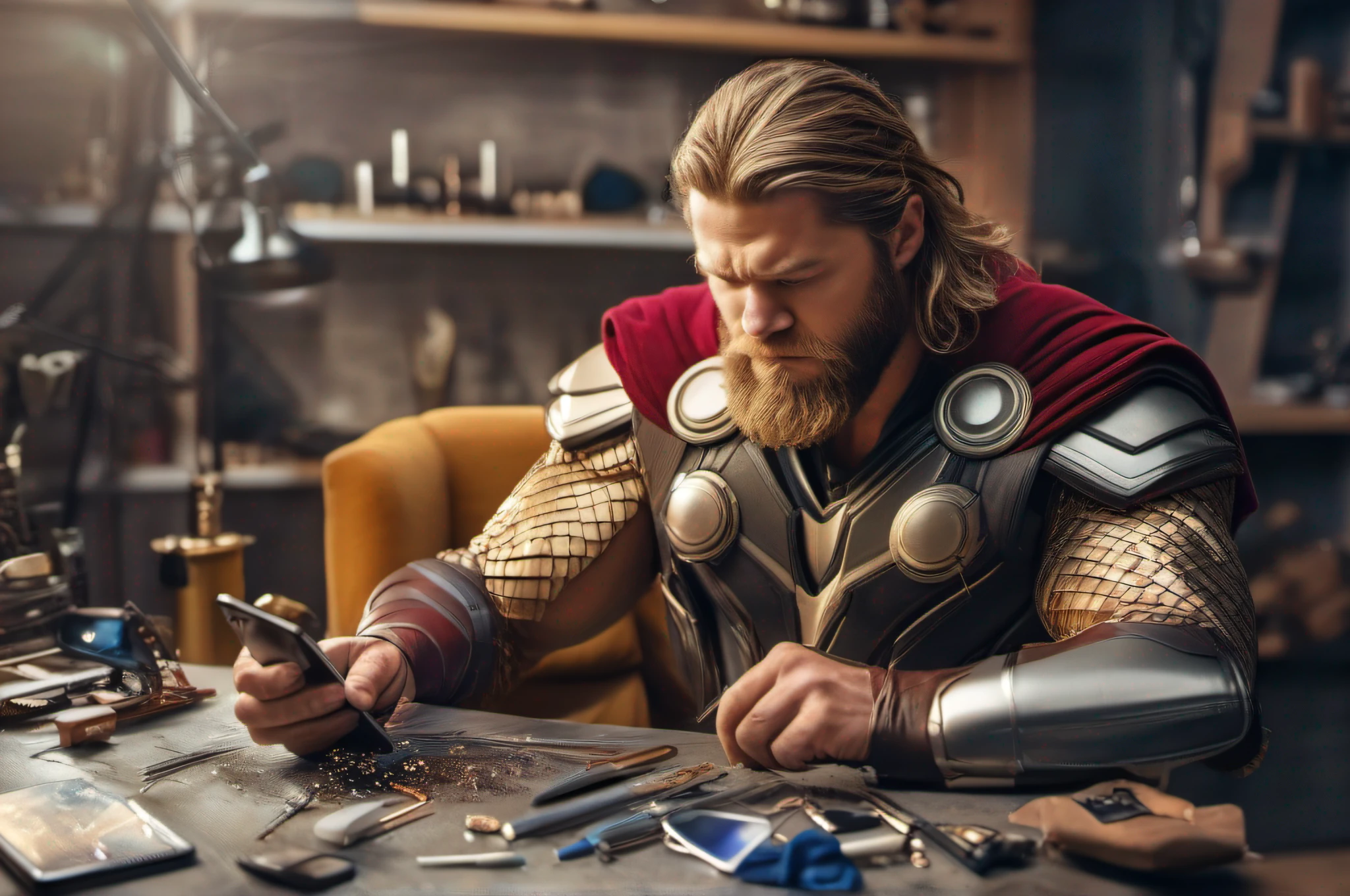 Thor repairing his smartphone(medium:1.3),hammer,electric screwdriver,broken screen,precision tools,high-tech components,lightning charger,metallic casing,detailed fingers,superhero strength,dexterous hands,concentration,technology guru,asgardian expertise,UHD resolution,masterpiece:1.2,realistic lighting,vivid colors,reflections on the screen,sharp focus,ultra-fine painting,professional touch