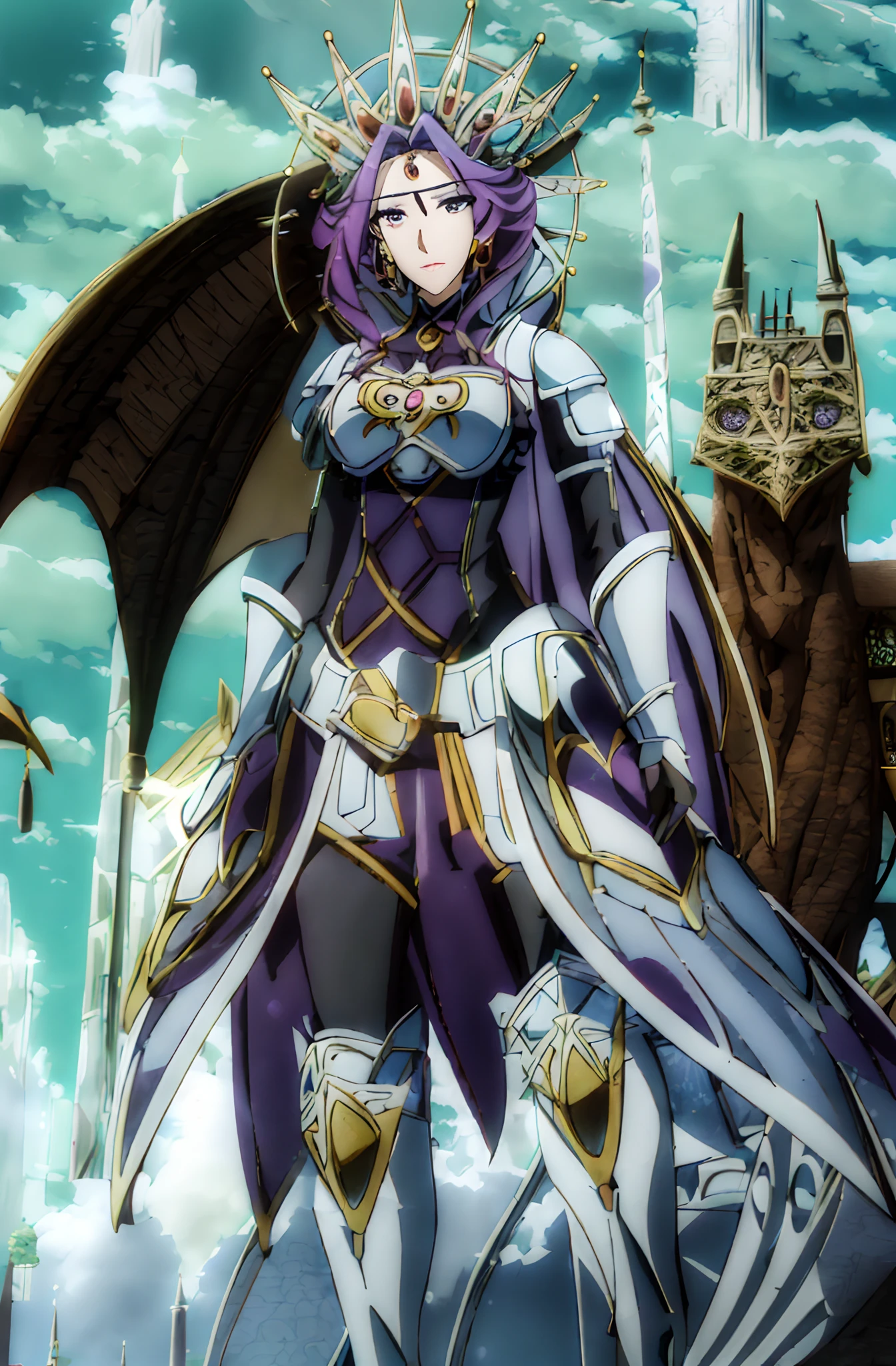 (Day:1.5),a castle with towers and towers on top of a hill with trees and clouds in the background and a blue sky,
Standing at attention,
purple and white outfit,armored dress,shoulder armor, armor,armored boots, 
purple_hair, purple_eyes, jewelry, earrings, a crown on her head, 
1 girl, 20yo,Young female,Beautiful Finger,Beautiful long legs,Beautiful body,
Beautiful Nose,Beautiful character design, perfect eyes, perfect face,expressive eyes,
looking at viewer, in the center of the image,(Upper_body),(Focus on her face),
official art,extremely detailed CG unity 8k wallpaper, perfect lighting,Colorful, Bright_Front_face_Lighting,shiny skin,
(masterpiece:1.0),(best_quality:1.0), ultra high res,4K,ultra-detailed,
photography, 8K, HDR, highres, absurdres:1.2, Kodak portra 400, film grain, blurry background, bokeh:1.2, lens flare, (vibrant_color:1.2)
(Beautiful,Breasts), (beautiful_face:1.5),(narrow_waist),