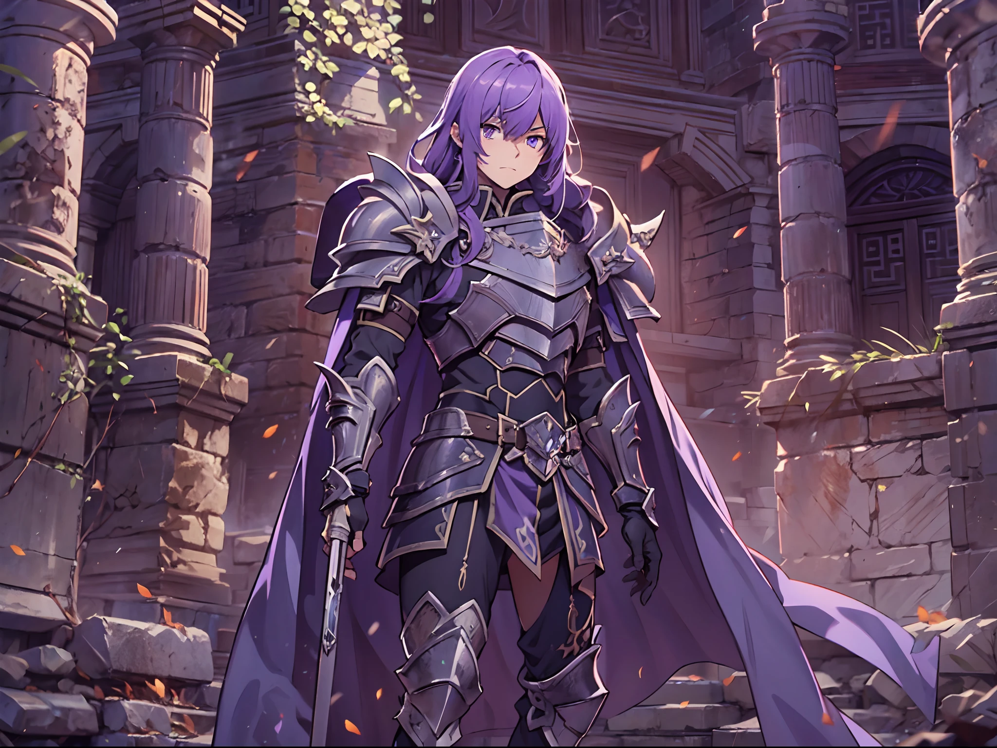 Ultra High Definition, Ultra High Quality, Extremely Detailed, 8k, 1 Boy, Rudeus Greyrat From Mushoku Tensei Anime, Handsome, Armored With War General Armor, Pure Purple Pupil Eyes, Long Haired Tied With Chinese Hairpin, Body To Legs Body Shot, Ancient Ruins Background,