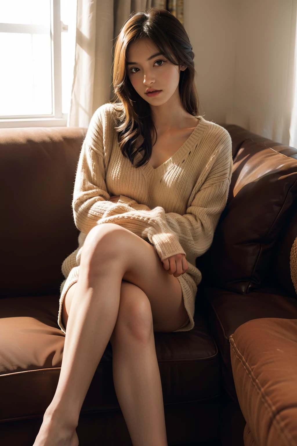 1girl,sitting on a cozy couch,crossing legs,soft light