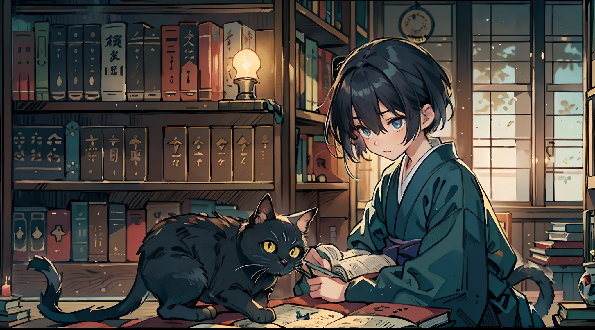 #Quality (intricate-detail、ultra-detailliert:1.2,cinematic shot), #night landscape (navy blue night sky), #one writing boy ( male、writer,Honor Students、A dark-haired、short-hair、hakama,sit flat), #dark room (only one candle,books on desk,pretty tatami,a lot of books,bookshelf,black cat)