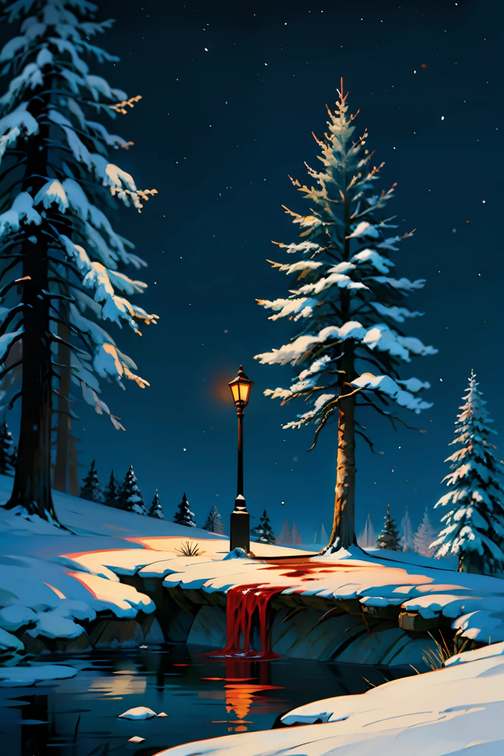A painting of a stump, with blood dripping off, snow on ground, winter, eerie night time light, dark sky.