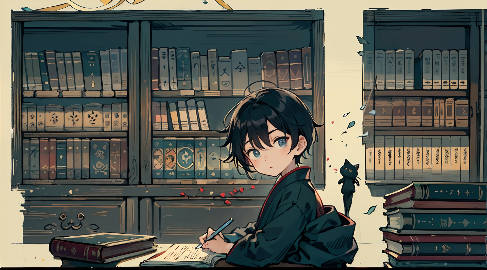 #Quality (intricate-detail、ultra-detailliert:1.2,cinematic shot), #night landscape (navy blue night sky), #one writing boy (16 male、writer,Honor Students、A dark-haired、short-hair、hakama,sit flat), #dark room (only one candle,books on desk,pretty tatami,a lot of books,bookshelf,black cat)