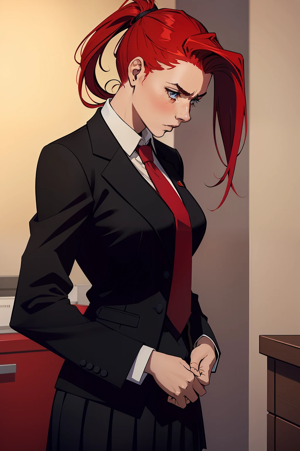 woman, red ponytail hair, wearing a black office suit, red tie,black office skirt, stressed, no background