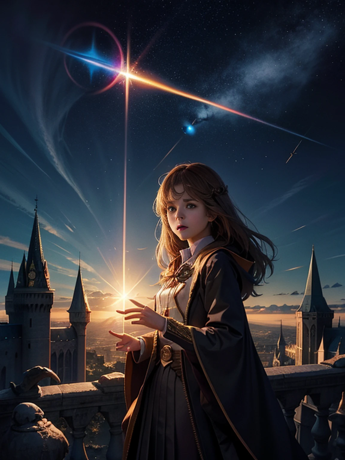 Hermione Granger, em hogwarts, efeitos de magia, magic wand in hand, Espectro do patrono, super detalhado, realista, fantasia