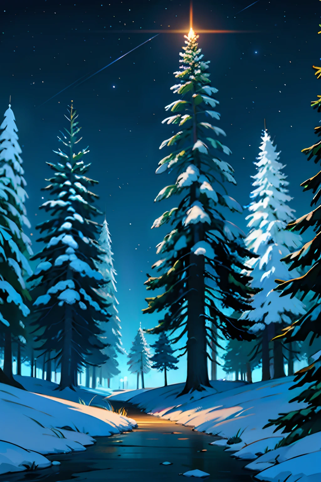 A painting of a beam of light over a single pine tree, winter, night time light, black sky with stars.