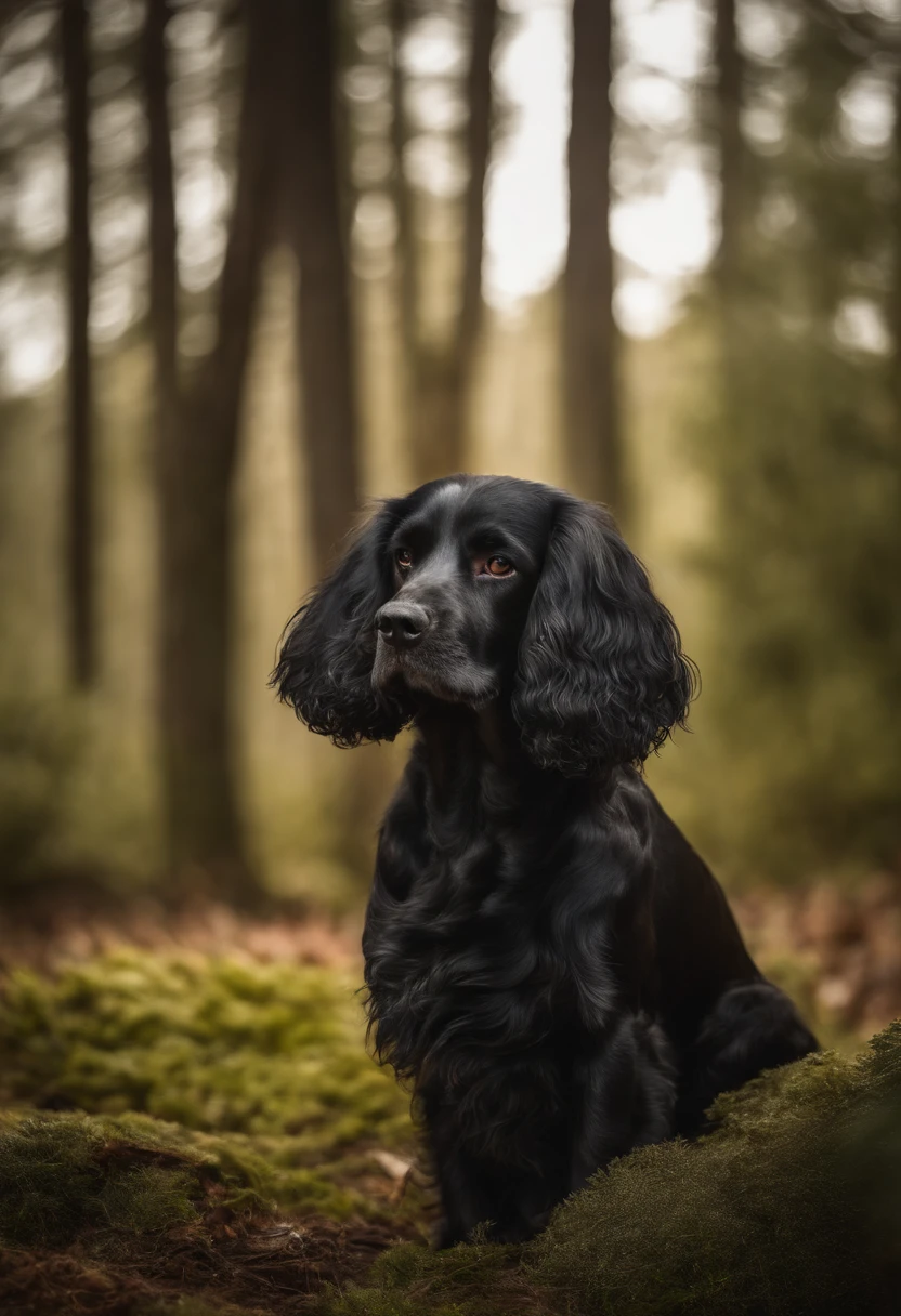 cocker spaniel ingles, com pelos longos, na cor branco e preto, em uma floresta