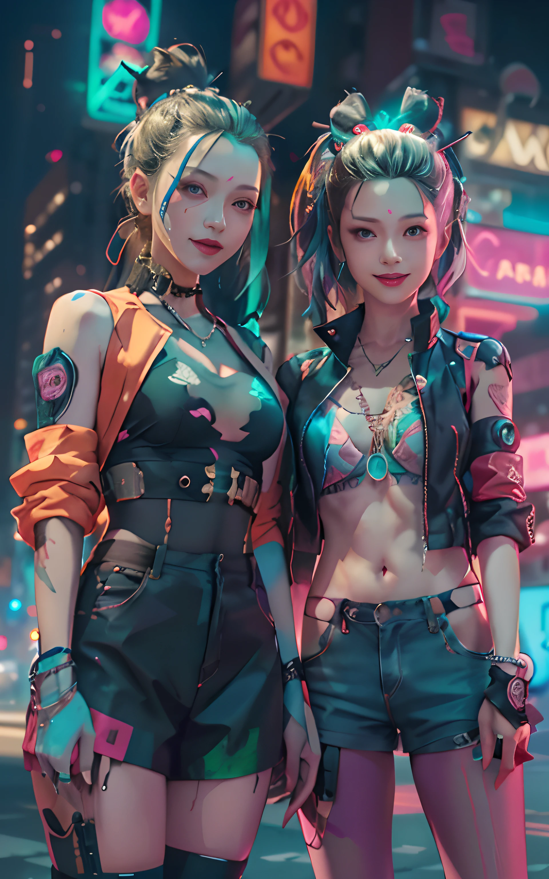 masterpiece, best quality, 2 ((smiling)) cyberpunk girls standing together, Harajuku-inspired cyberpunk body harness, bold colors and patterns, eye-catching accessories, trendy and innovative hairstyle, dazzling Cyberpunk cityscape, skyscrapers, neon signs, LED lights, bright and vivid color scheme, anime, illustration, detailed skin texture, detailed cloth texture, beautiful detailed face, intricate details, ultra detailed, cinematic lighting, dark shadows.