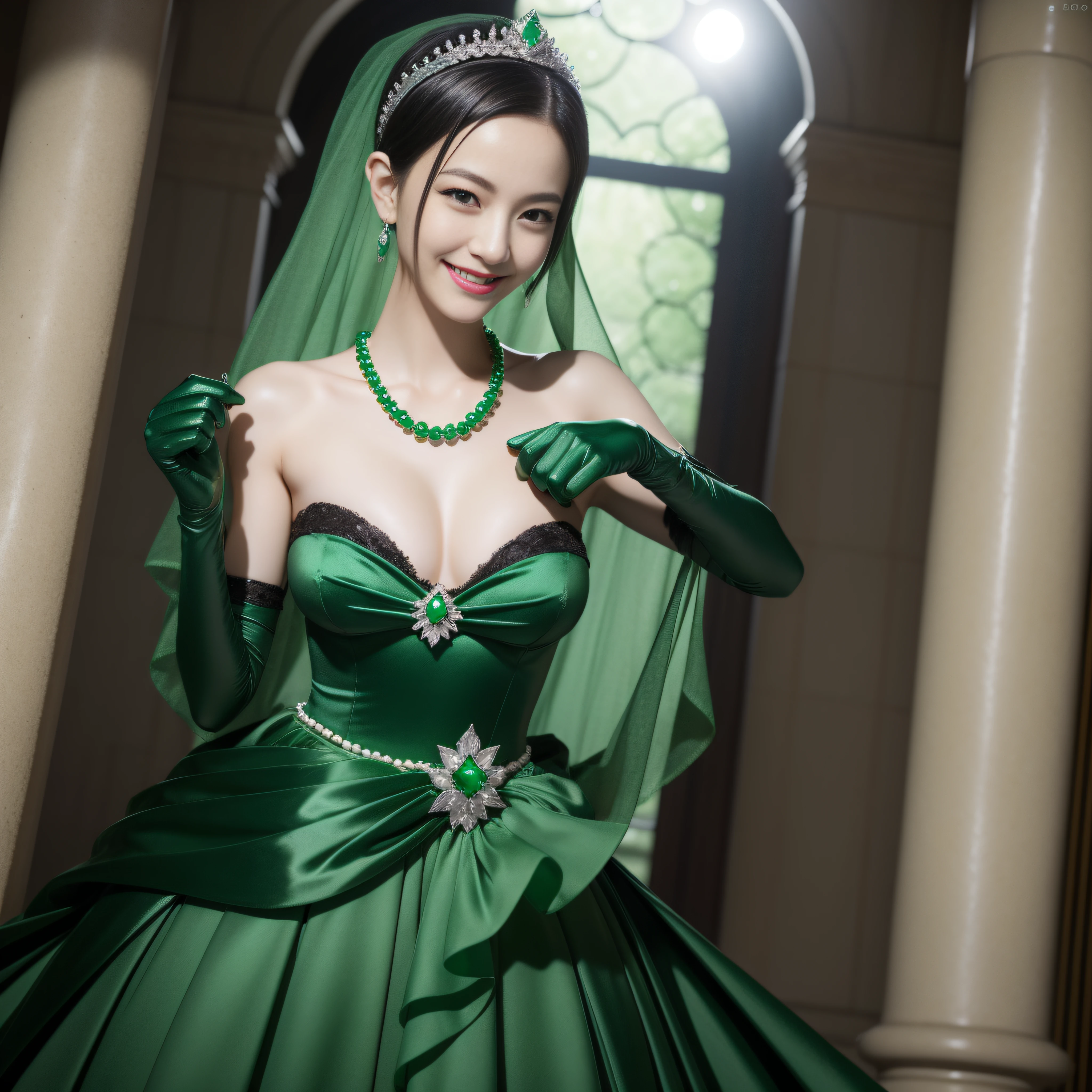 emerald tiara, Green Pearl Necklace, Boyish very short black hair, lipsticks, Japan woman smiling, Long green gloves made of satin material, very short short hair, fist, big breasts beautiful