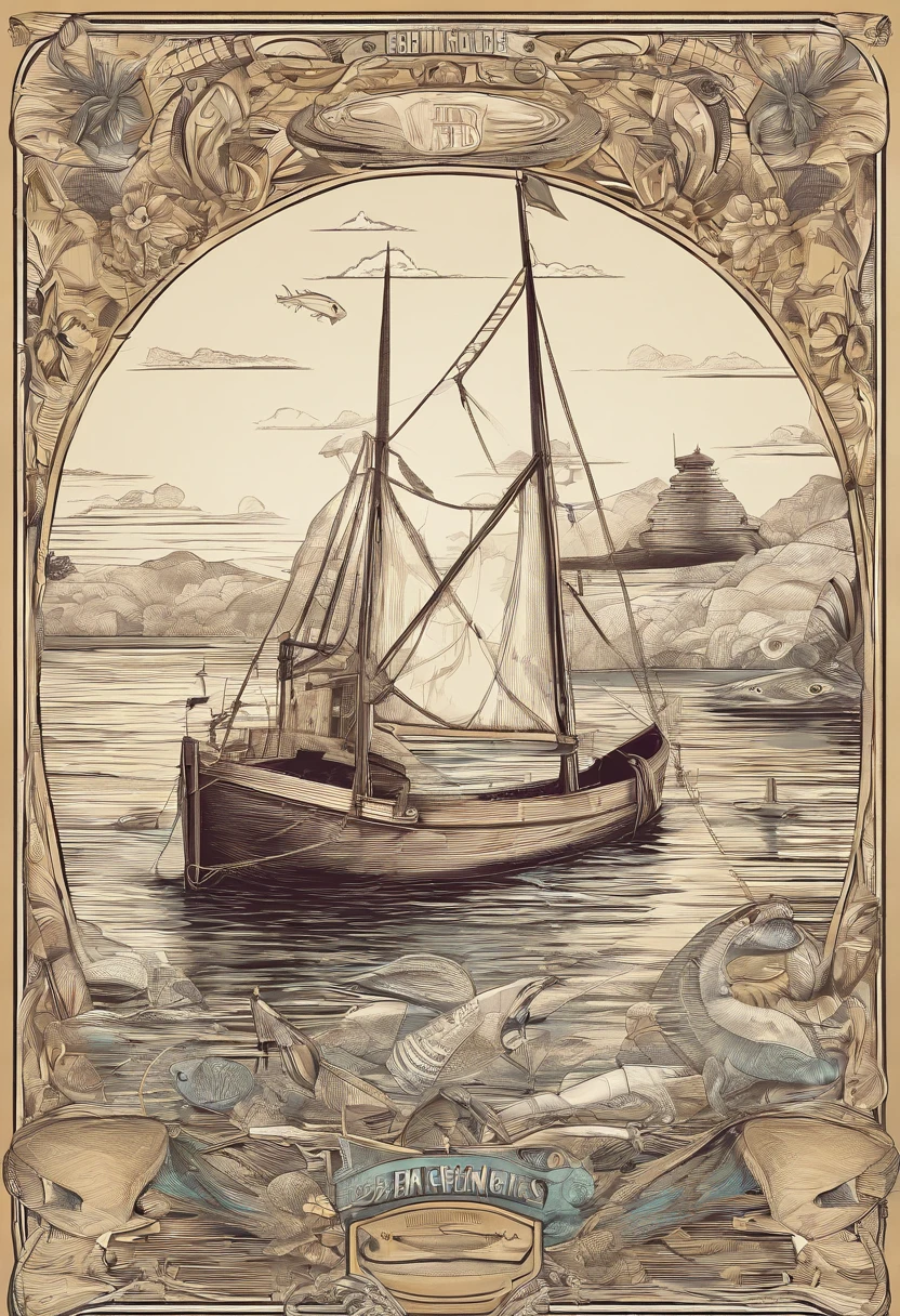 bode humanoide, pescando num barco, se divertindo, estilo vetorial, cartoon, infantil, line art, arte para camisa