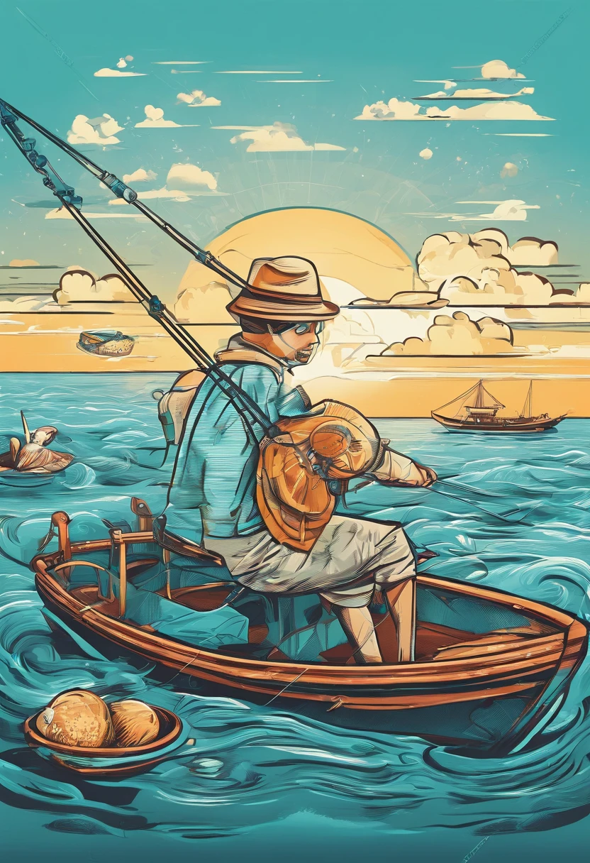 bode humanoide, pescando num barco, se divertindo, estilo vetorial, cartoon, infantil, line art, arte para camisa