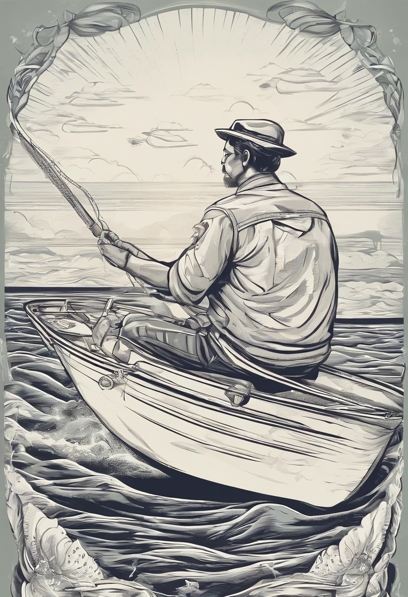 bode humanoide, pescando num barco, se divertindo, estilo vetorial, cartoon, infantil, line art, arte para camisa