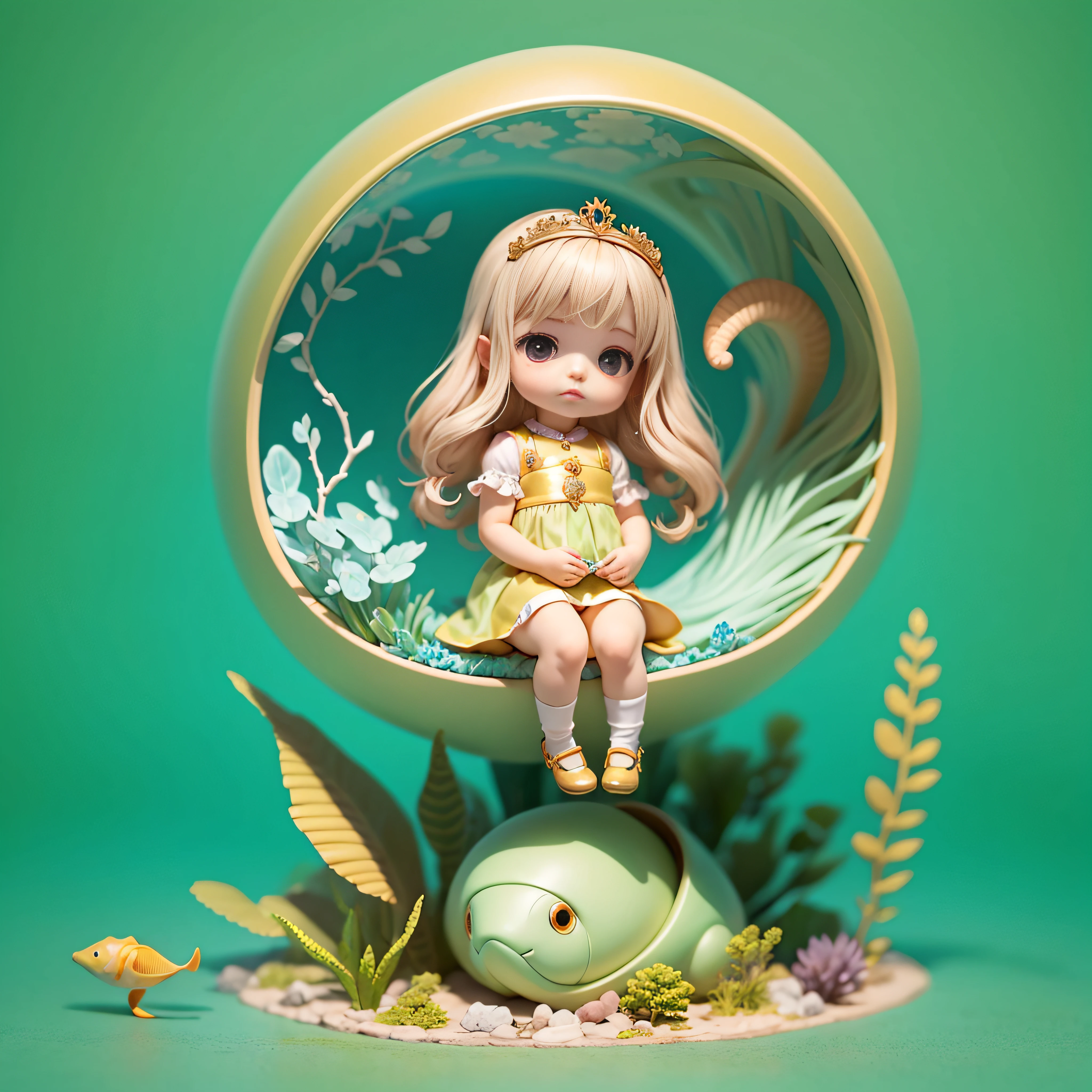 Cute  Chibi Anime, Pearl beige and pearl green clothes,Sit on a nautilus，Aquaworld，Nautilus Tiara