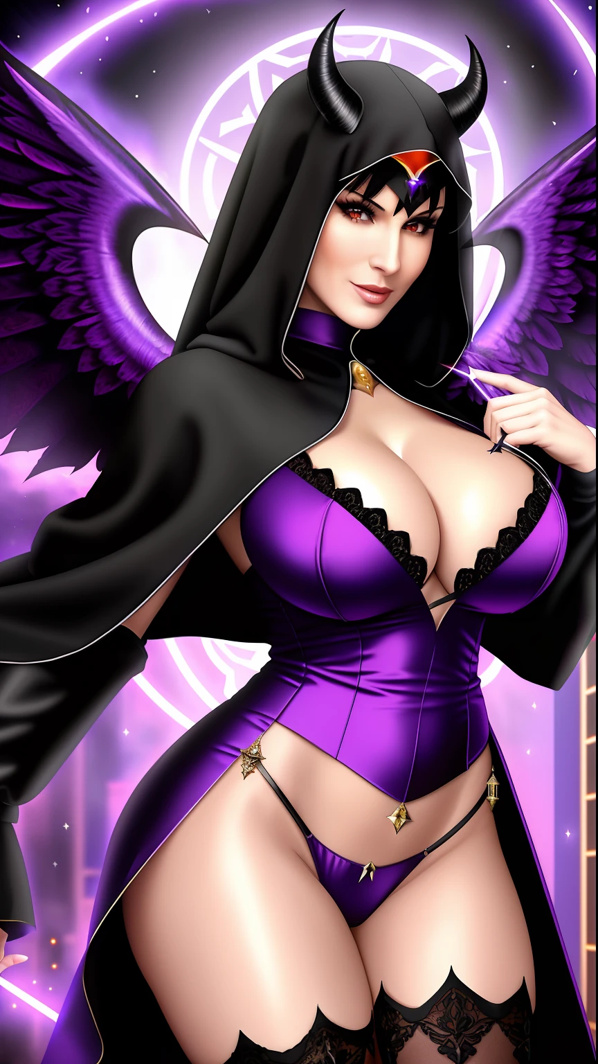 Lisa Ann: The evil nun, Demon horn, Demon wings on the head , sexy robe de nonne, His hands preparing a sphere of purple energy, diabolique, insidieux, His powerful magic hits the buildings of a city , Context of the Satanic Church, detailled eyes, detailed hands