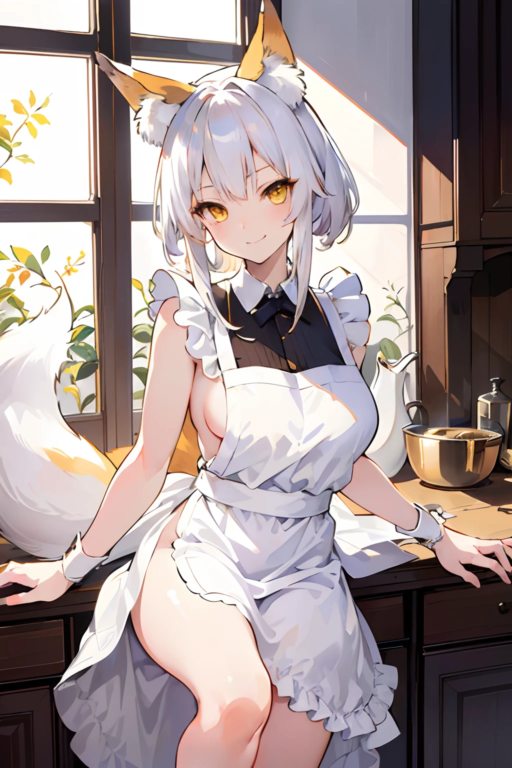 (masterpiece:1.4,best quality), (ultra-detailed:1.1),(illustration:1.1),high contrast,intricate details,1girl,beautiful detailed eyes, tamamo no mae, (naked apron), white hair, yellow eyes, victorian kitchen, looking at viewer, smug look, front leaning on table, (brown fox ears), (white fox tail)