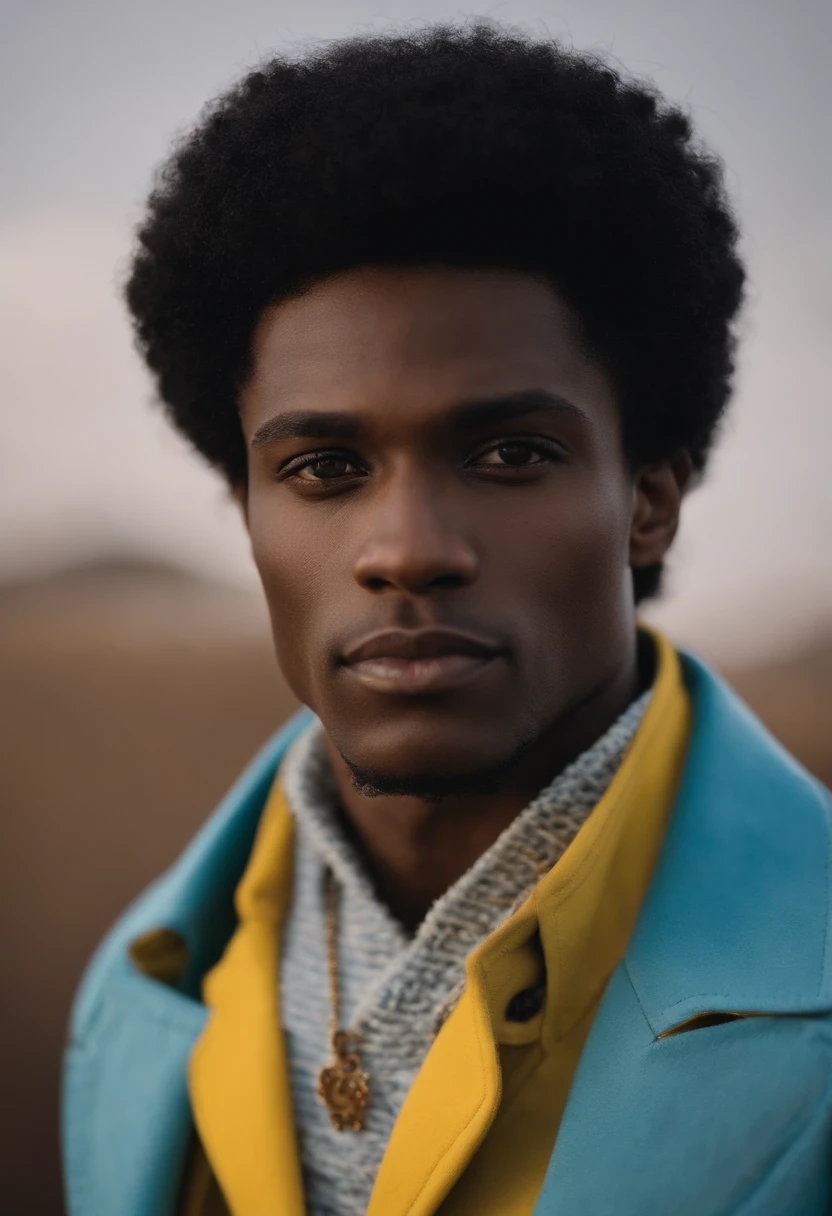 african American male with pale blue eyes and short black hair, although about one-fourth of it is white on the front of his left side, he wears short red overcoat with black pockets over a bright yellow shirt that has black long sleeves . and his pants are black with chains on his belt. He wears a cross like necklace on his neck. He also got on blackish blue fingerless gloves