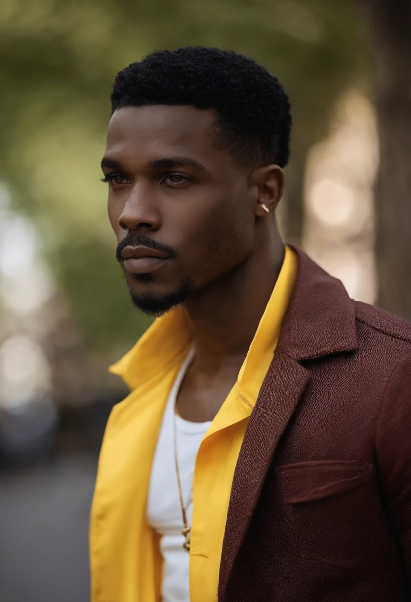 african American male with pale blue eyes and short black hair, although about one-fourth of it is white on the front of his left side, he wears short red overcoat with black pockets over a bright yellow shirt that has black long sleeves . and his pants are black with chains on his belt. He wears a cross like necklace on his neck. He also got on blackish blue fingerless gloves