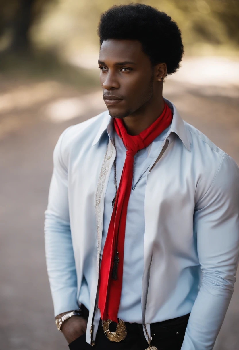 african American male with pale blue eyes and short black hair, although about one-fourth of it is white on the front of his left side, he wears short red overcoat with black pockets over a bright yellow shirt that has black long sleeves . and his pants are black with chains on his belt. He wears a cross like necklace on his neck. He also got on blackish blue fingerless gloves
