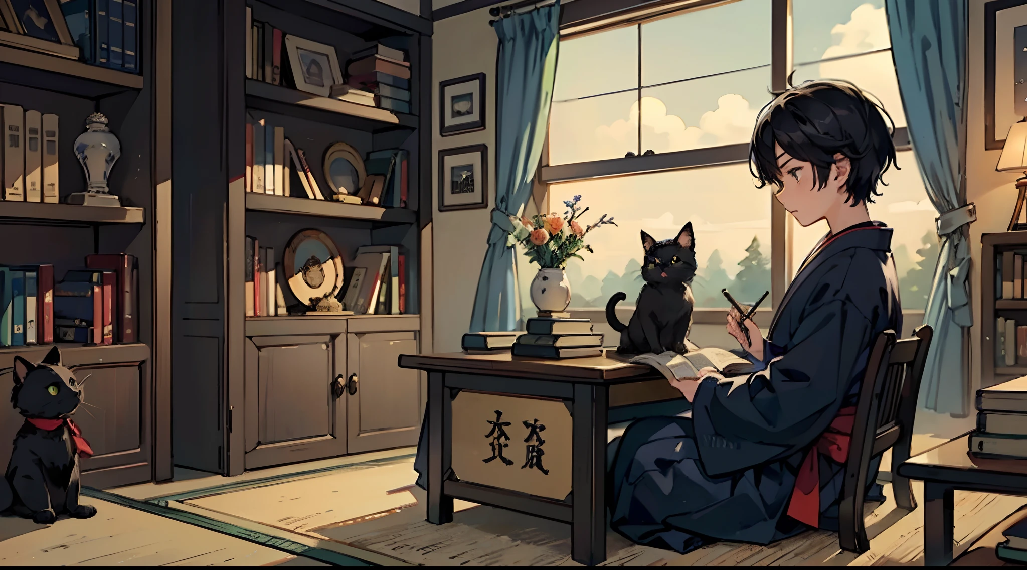 #Quality (intricate-detail、ultra-detailliert:1.2,cinematic shot), #night landscape (navy blue night sky), #one writing boy ( male、writer,Honor Students、A dark-haired、short-hair、hakama,sit flat), #dark room (only one candle,books on desk,pretty tatami,a lot of books,bookshelf,black cat)