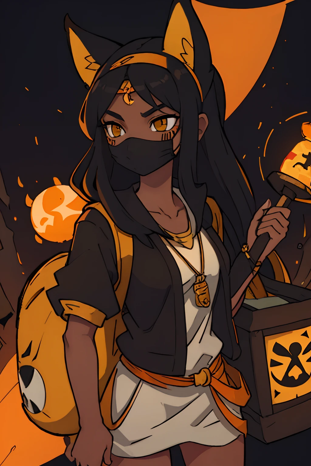 Long black hair, dark skin, merchant, merchant gear, big backpack, lantern on hip, orange yellow eyes, side-masks, fox ears, staff, egyptian staff, necklaces, forehead tattoo, hand symbols, symbols on arms, amulets