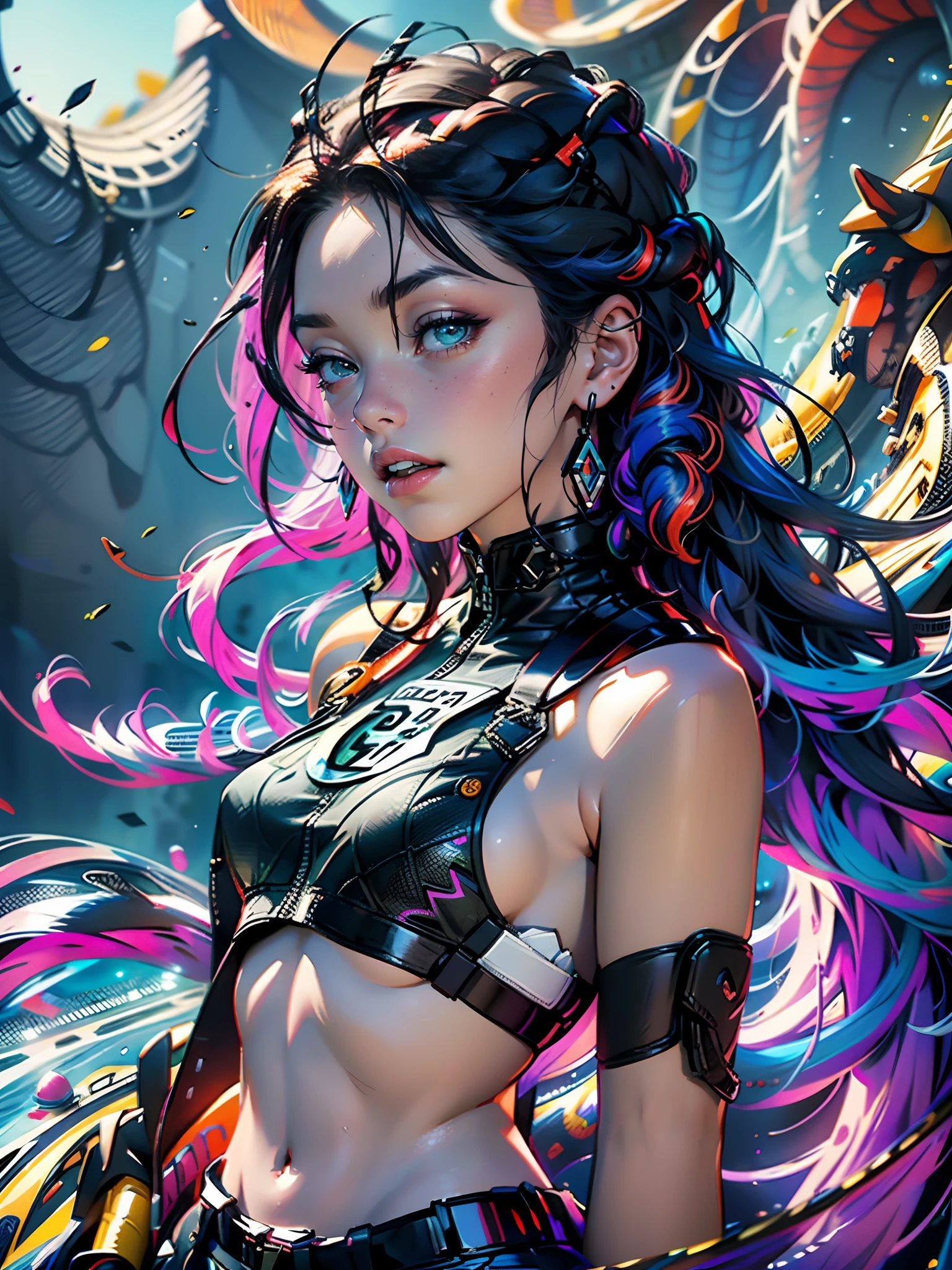 Best quality, Masterpiece, 超高分辨率, (Photorealistic: 1.4), RAW photo, 1girll, Braided hair,An infectious laugh,coloured hair,Genki girl,cropped shoulders, Superskirt,Super energetic,Fractal art,dynamicposes,ventania,tidal current,Neon elements,fashion magazine, trends in art station