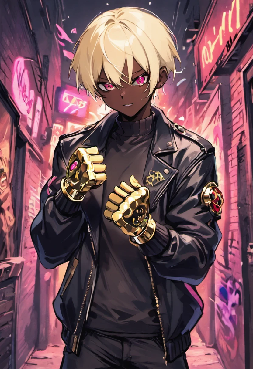 dark skin guy with short platinum blonde hair and black jacket holding brass knuckles, , trigger anime artstyle, [[[[grinning evily]]]], portrait of ((mischievous)), , male anime character, young anime man, inspired by K’ from King of Fighters, tall anime guy with rose pink eyes, fingerless gloves, [[[biker jacket]]], urban streets with graffiti on the walls, alleyway background
