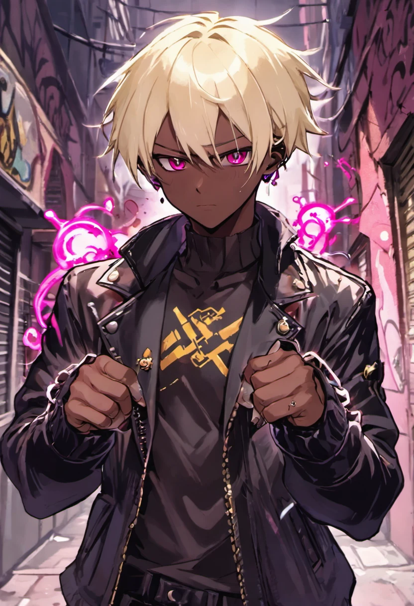 dark skin guy with short platinum blonde hair and black jacket holding brass knuckles, , trigger anime artstyle, [[[[grinning evily]]]], portrait of ((mischievous)), , male anime character, young anime man, inspired by K’ from King of Fighters, tall anime guy with rose pink eyes, fingerless gloves, [[[biker jacket]]], urban streets with graffiti on the walls, alleyway background