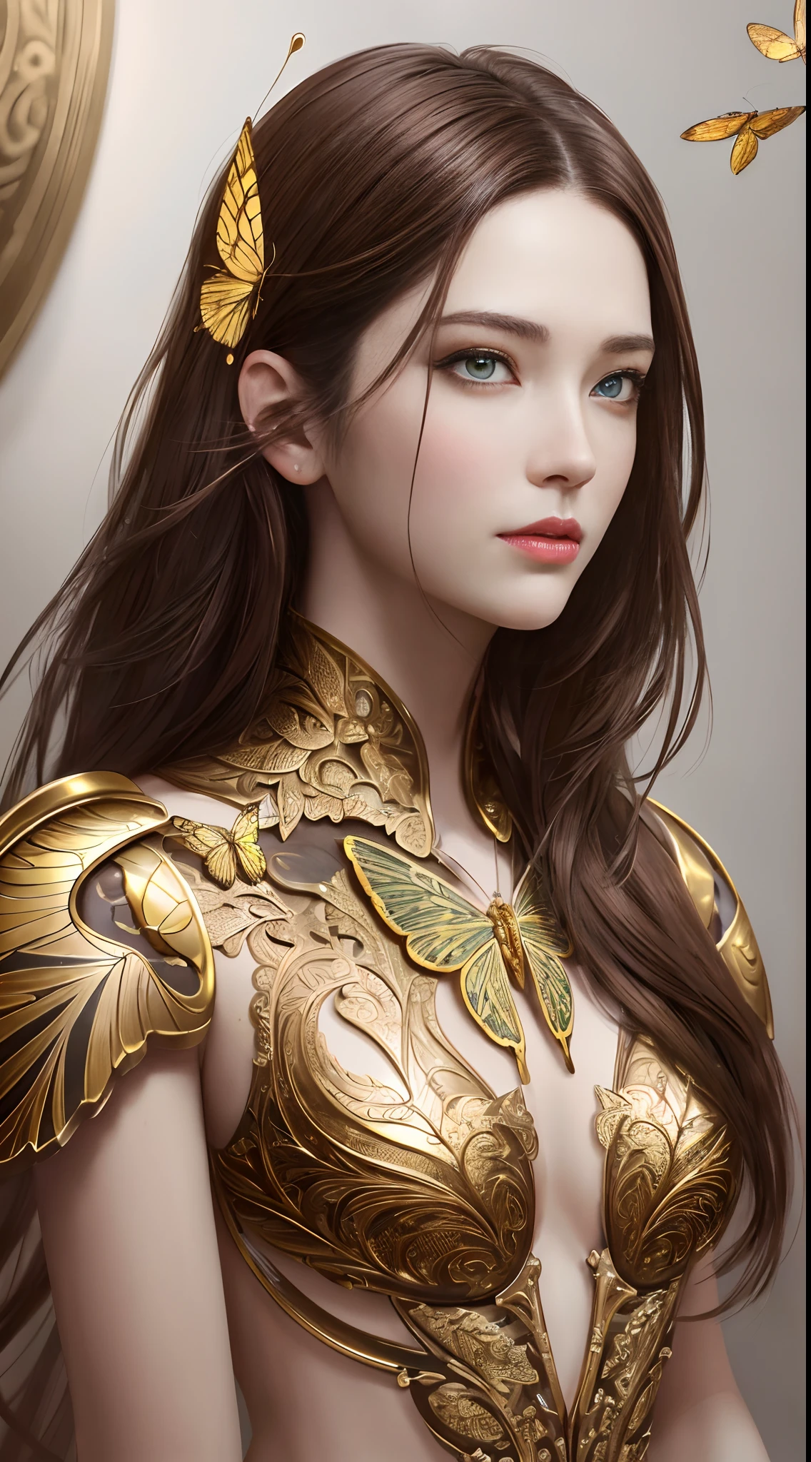 8k portrait of beautiful cyborg with brown hair, intricate, elegant, highly detailed, majestic, digital photography, art by artgerm and ruan jia and greg rutkowski surreal painting gold butterfly filigree, broken glass, (masterpiece, sidelighting, finely detailed beautiful eyes: 1.2), hdr,