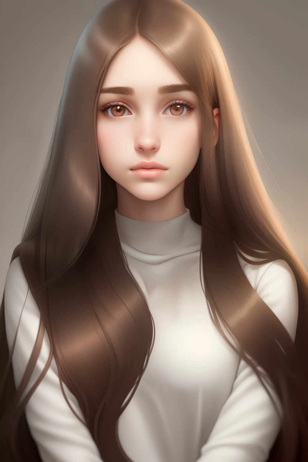 A young woman with a rectangular face, long straight brown hair, a large, straight but neat nose, large but not very gray eyes, plump but small closed lips, without wide cheekbones, pale skin;