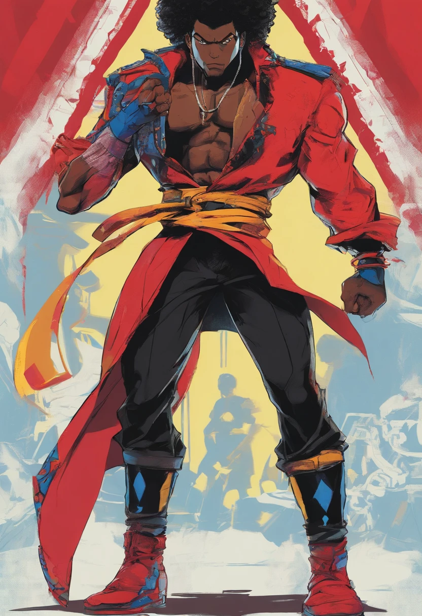 african American male with pale blue eyes and short black hair, although about one-fourth of it is white on the front of his left side, he wears short red overcoat with black pockets over a bright yellow shirt that has black long sleeves . and his pants are black with chains on his belt. He wears a cross like necklace on his neck. He also got on blackish blue fingerless gloves