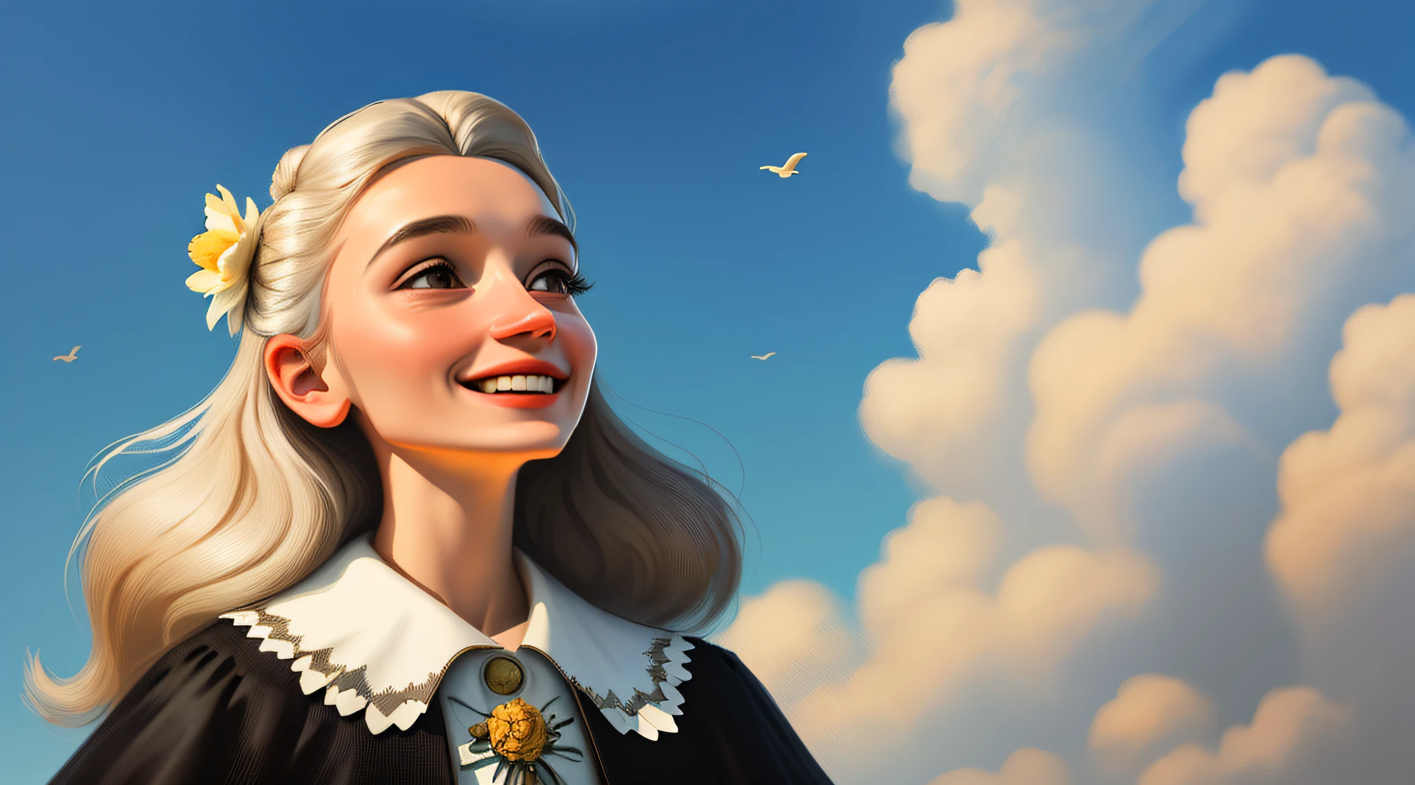uma mulher vitoriana, cabelo castanho, flor de cabelo, sorrindo, pintura Color Field, retroiluminação, anatomicamente correto, anatomicamente correto, Looking Up The Sky, alta qualidade, 8k