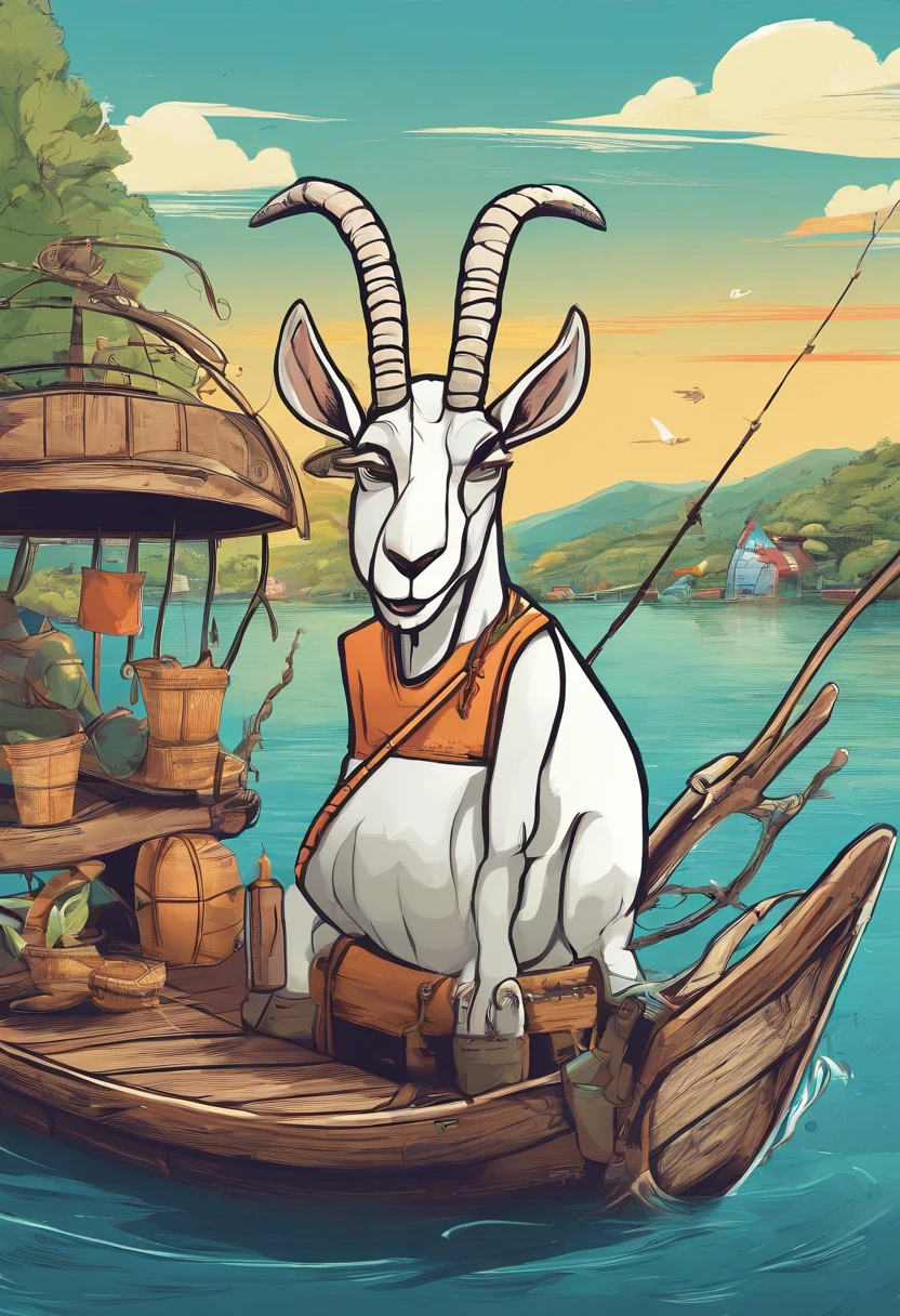 a humanoid goat, sitting on the boat fishing, having fun, cartoon style, promotional art, very stylized character design, kids t shirt art