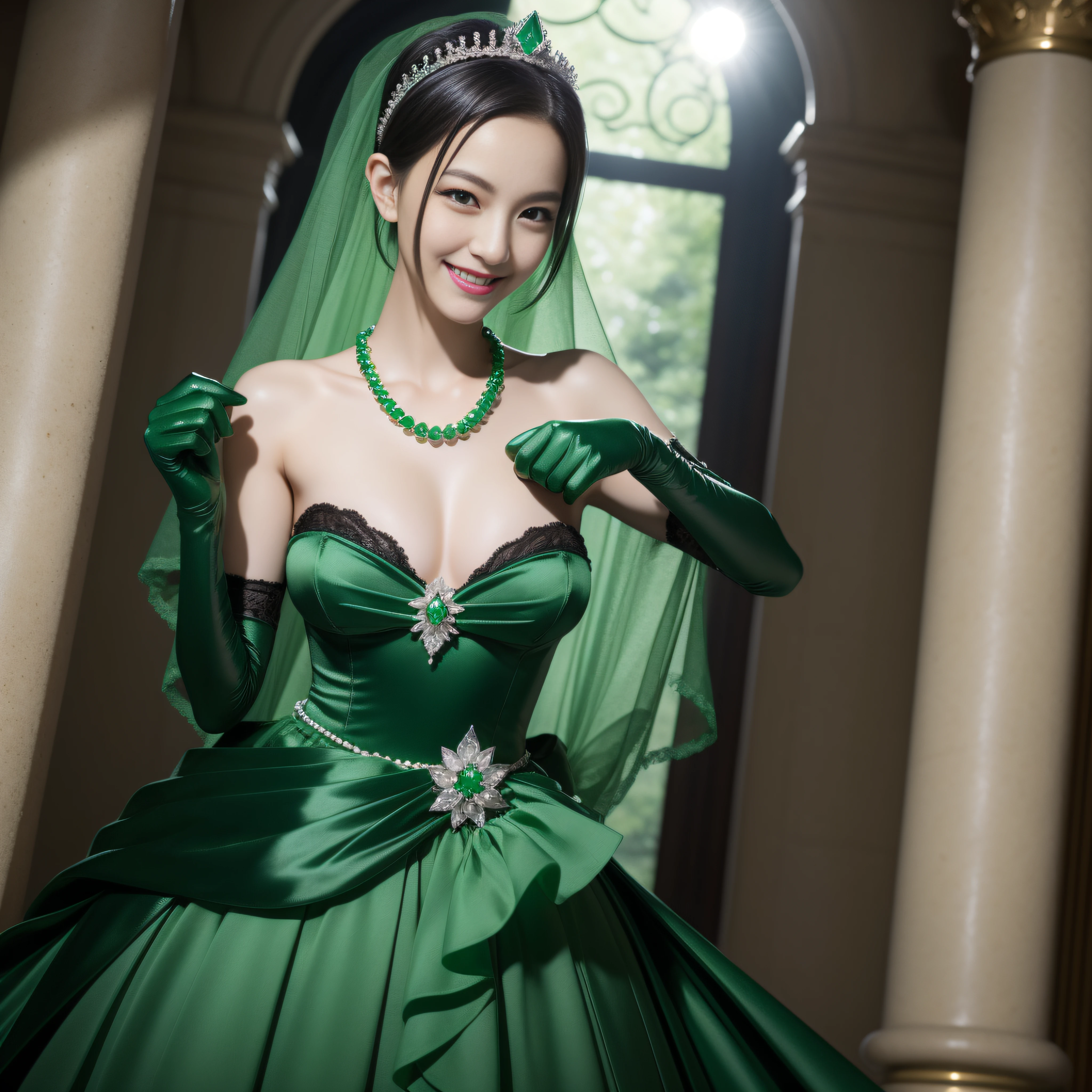 emerald tiara, Green Pearl Necklace, Boyish very short black hair, lipsticks, Japan woman smiling, Long green gloves made of satin material, very short short hair, fist, big breasts beautiful