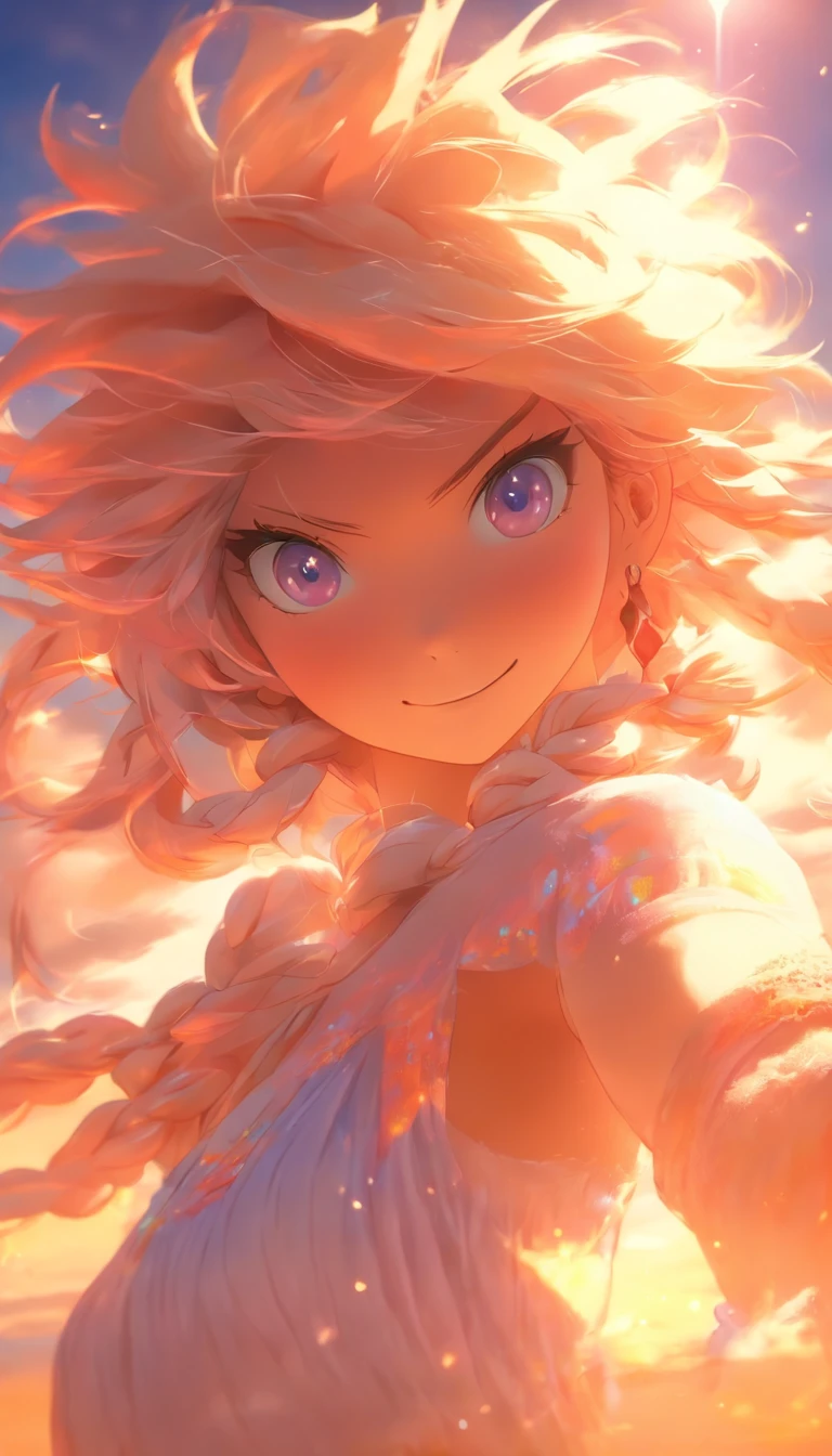 1girll, Masterpiece, extremely detaile, (beautiful detailed glow), Lens flare, White hair, Short hair, Floating hair, Looking back, Back to the back, Smile, Blue eyes, White dress, Medium breasts, Upper body, Wide shot, Straw hat, ((Salar de Uyuni)), Sunrise, Clouds, back lit lighting, Purple sky, Yellow sky, gradient sky, Put your hands on the hat and your hair is meticulously described，The eyes are meticulously depicted， highly detailed surreal vfx，oc rendered，