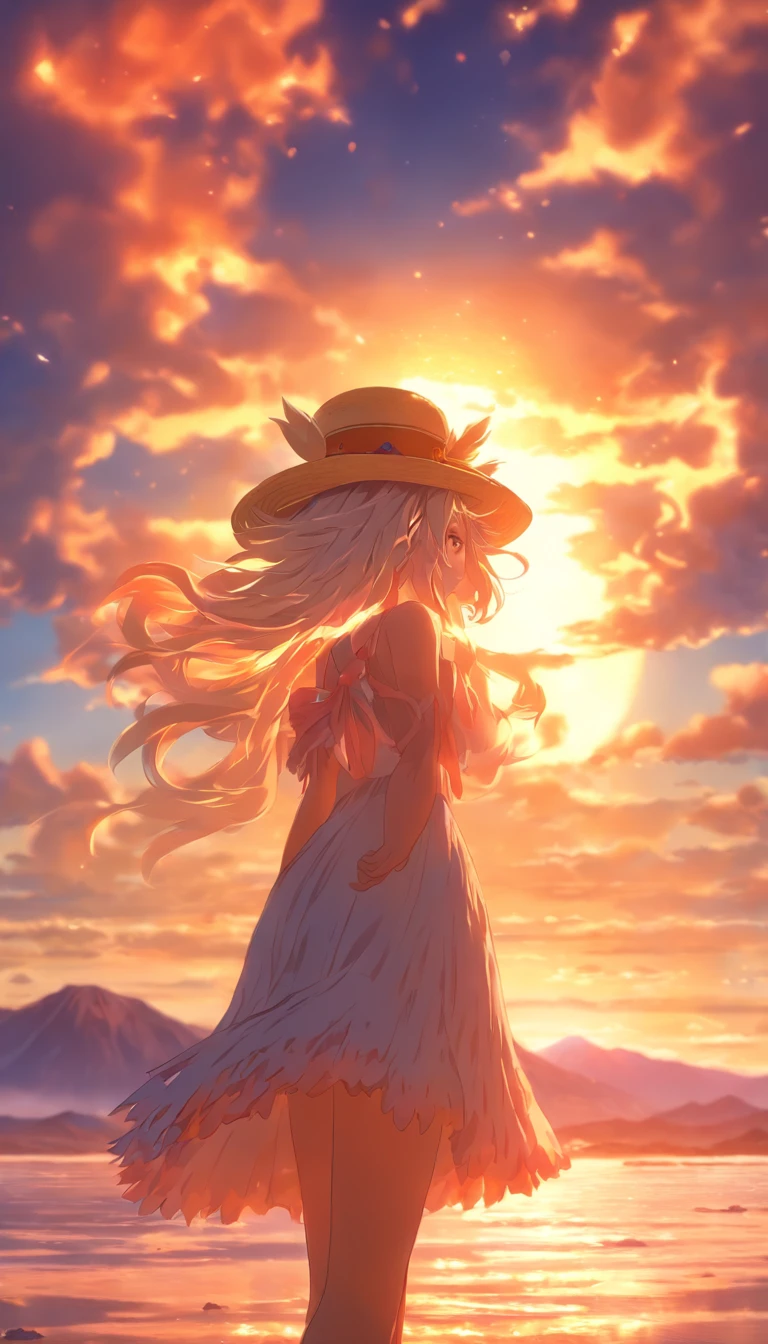 1girll, Masterpiece, extremely detaile, (beautiful detailed glow), Lens flare, White hair, Short hair, Floating hair, Looking back, Back to the back, Smile, Blue eyes, White dress, Medium breasts, Upper body, Wide shot, Straw hat, ((Salar de Uyuni)), Sunrise, Clouds, back lit lighting, Purple sky, Yellow sky, gradient sky, Put your hands on the hat and your hair is meticulously described，The eyes are meticulously depicted， highly detailed surreal vfx，oc rendered，