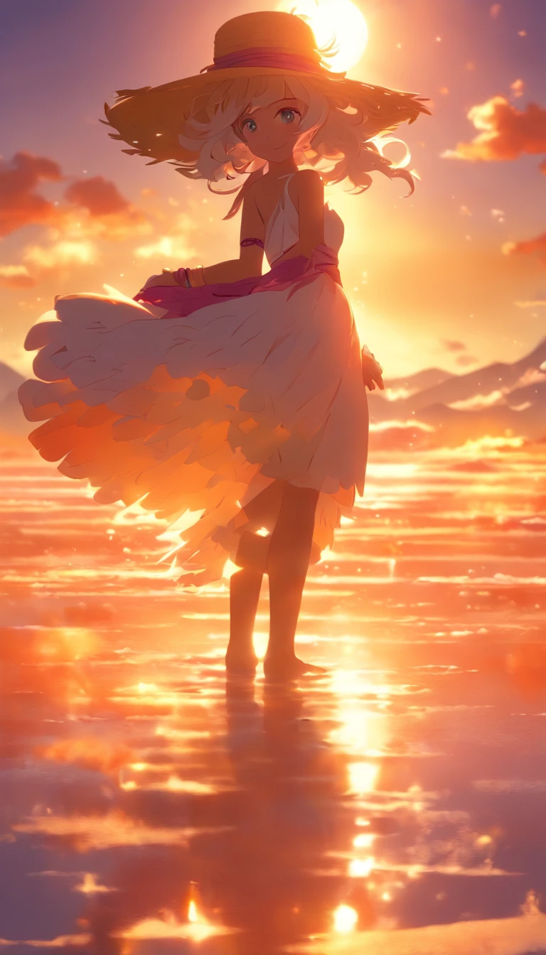 1girll, Masterpiece, extremely detaile, (beautiful detailed glow), Lens flare, White hair, Short hair, Floating hair, Looking back, Back to the back, Smile, Blue eyes, White dress, Medium breasts, Upper body, Wide shot, Straw hat, ((Salar de Uyuni)), Sunrise, Clouds, back lit lighting, Purple sky, Yellow sky, gradient sky, Put your hands on the hat and your hair is meticulously described，The eyes are meticulously depicted， highly detailed surreal vfx，oc rendered，