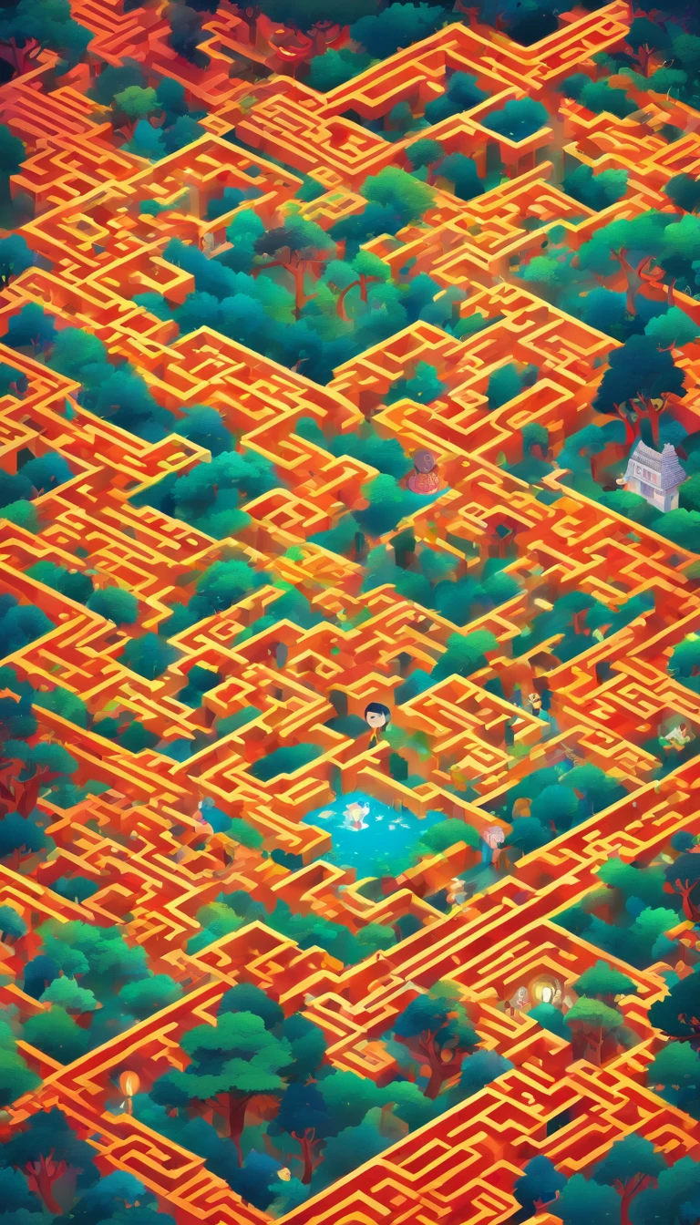 Illustration of a complex maze with multiple branches, Represents different narratives. Inspired by the artistic style of MC Escher, The maze features intricate lines and an illusory perspective. Features a vibrant and contrasting color palette, The maze conveys the idea of exploring different paths. The facial expressions of the characters in the maze are surprised and curious. The lights are bright，The atmosphere is full of discovery and challenge.--v 5 --stylize 1000