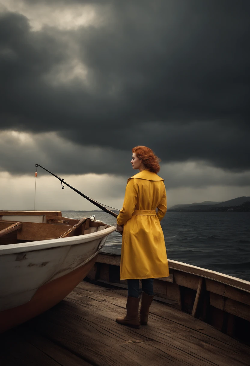(masutepiece:1.2), Best Quality, Photo of beautiful female fisherman, Ginger Hair, 40 years, wearing yellow raincoat,  (By fishing boat:1.3),  dark clouds, Photorealistic, hyper realisitic, hyperdetails, analog style, hip cocked, demure, low cut, Detailed skin, Matte skin, Soft lighting, Subsurface scattering, Realistic, heavy shadow, masutepiece, Best Quality, A hyper-realistic, 8K, Golden ratio, Convoluted, high detailing, film photography, Soft Focus