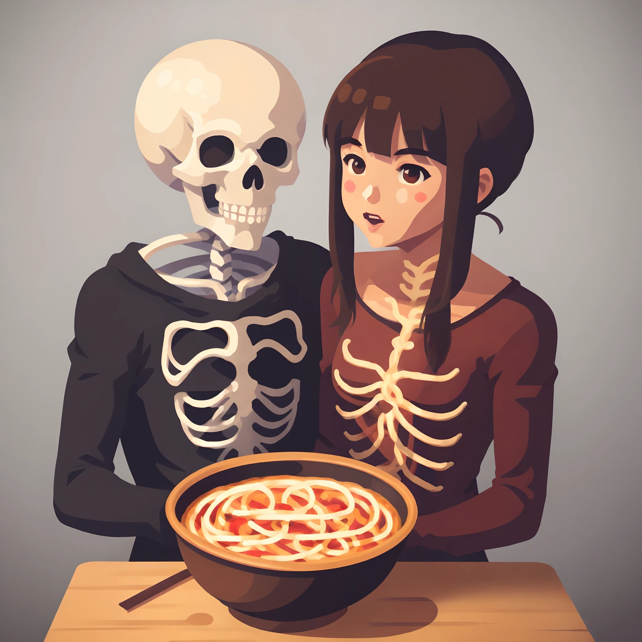 Estilo anime: Skeleton eating ramen with a girl
