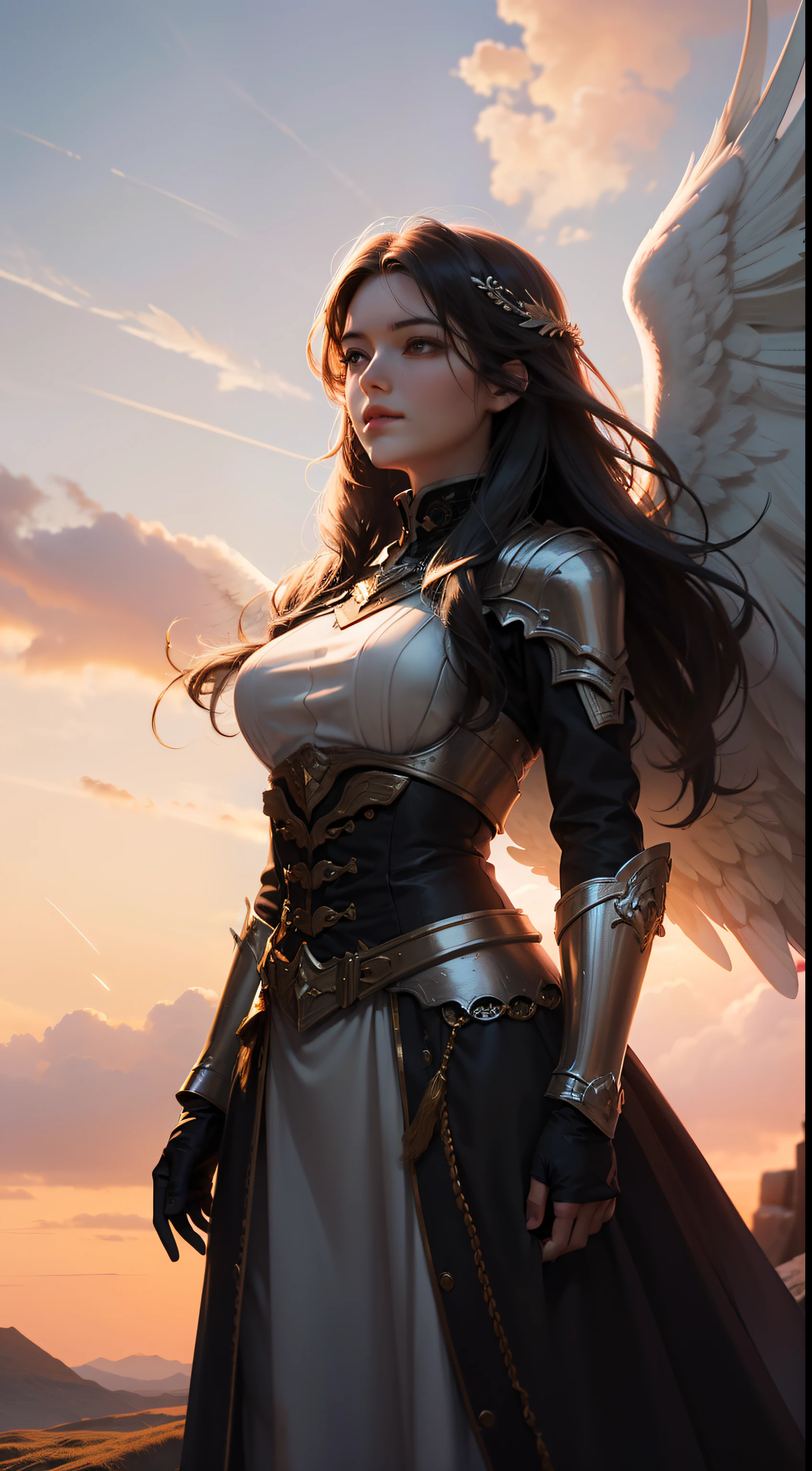 best quality, 8k, very delicate and beautiful, highly detailed face and skin texture, shiny skin, high resolution, big tits beautiful angel in sexy armor with weapons at battlefield, sharp focus