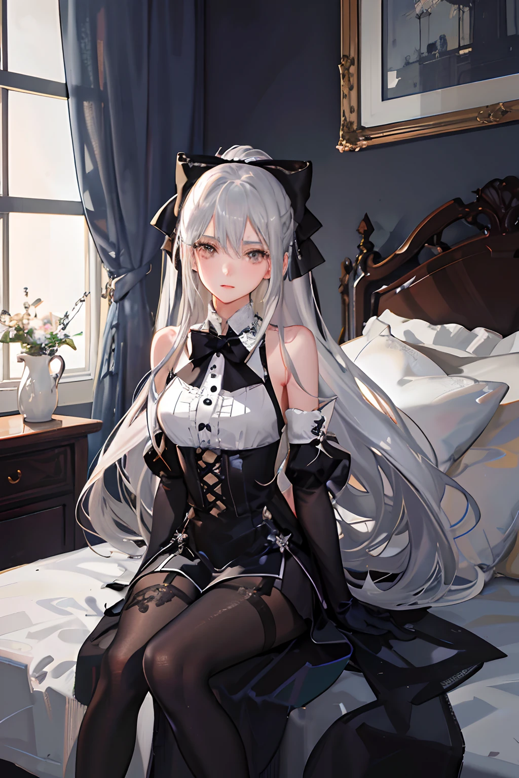 (((1 girl)),ray tracing,(dim lighting),[detailed background (bedroom)),((silver hair)),((silver hair)),(Fluffy silver hair, plump slender girl)) with high ponytail)))) Avoid blonde eyes in the ominous bedroom ((((Girl wears intricately embroidered black high-waisted pants with pantyhose) and white ruffled bow gloves), showing a delicate slim figure and graceful curves, correct limbs, sitting on the bed