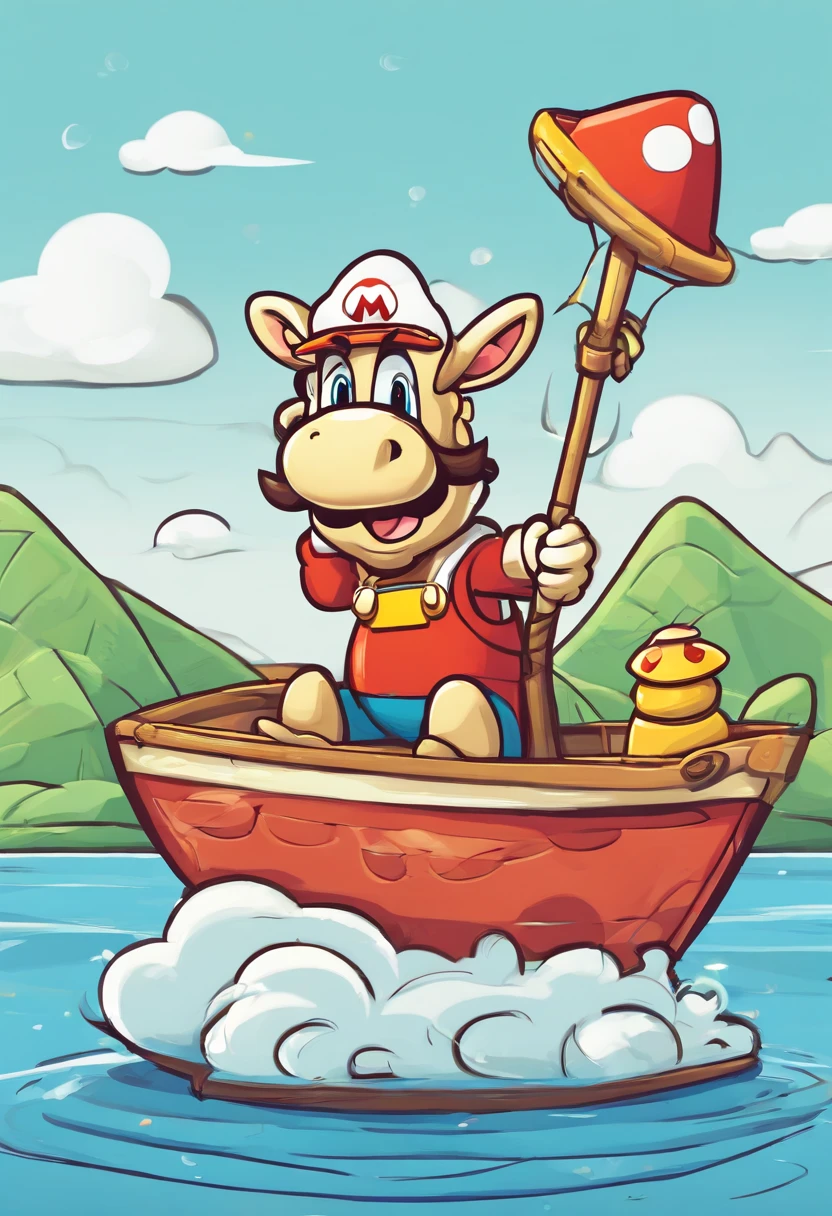 a humanoid goat, sitting on the boat fishing, having fun, cartoon style, promotional art, very stylized character design, t shirt art