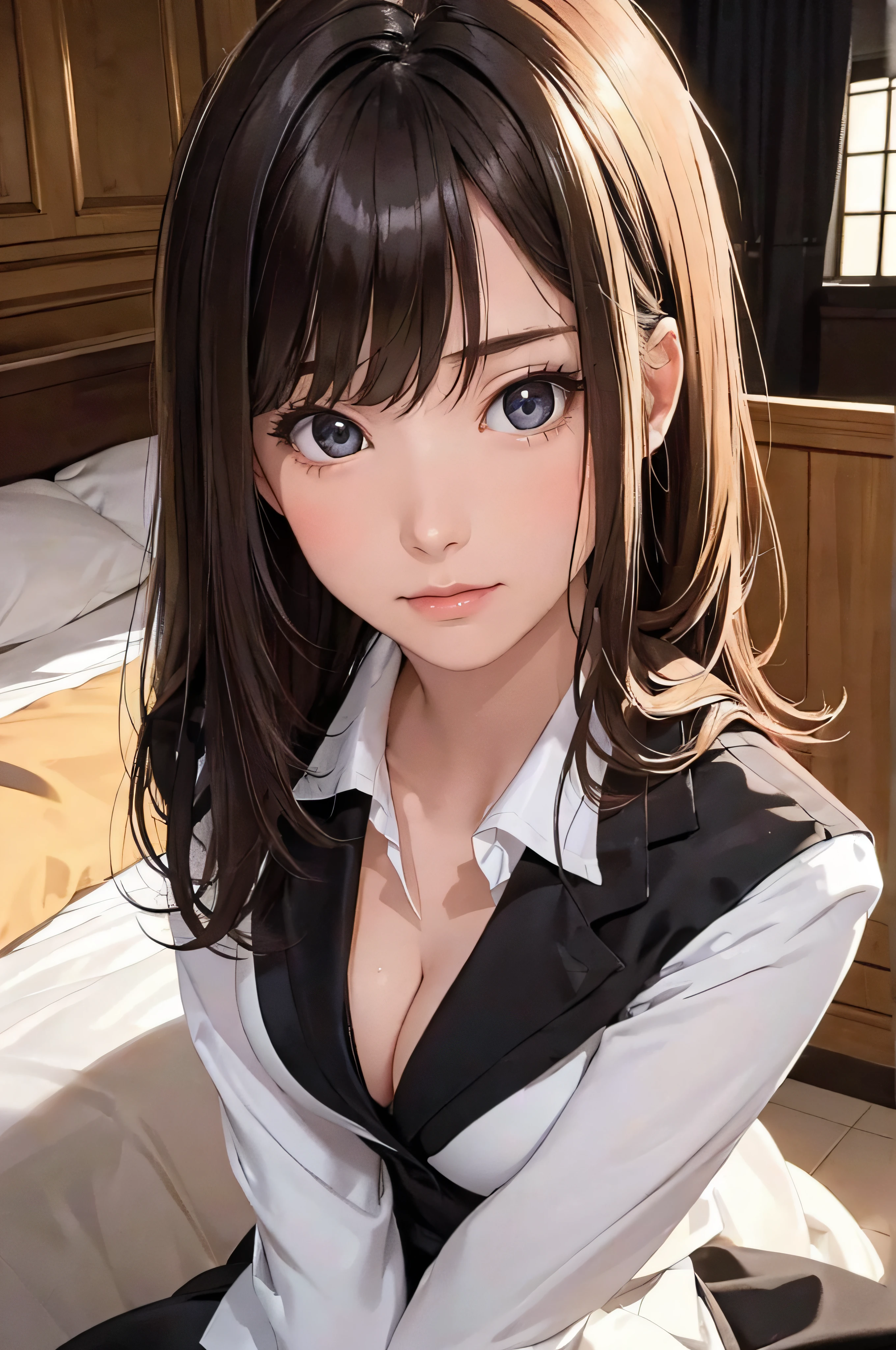 (1girl 24 years old:1.3), (photorealistic:1.4), (masterpiece, top quality, best quality, official art), extreme detailed, highest detailed, (ultra-detailed), ((an extremely delicate and beautiful)), cinematic light, (realisticlying:1.3), (highdetailskin:1.2), high resolution, 8K UHD, 4K, 8K, Bokeh, digital SLR camera, absurderes, Optimal proportions of four fingers and one thumb, 
((silky long hair)), (brown hair), beautiful face, perfect face, highly detailed beautiful face, 
Cute, shy,faint smile,embarrassing,
hotel room, midnight,
dynamic angle, from above, 
((Wearing a black formal blazer)), ((white blouse with collar)), cleavage, skirt, lacepantyhose, white underwear,
open legs a little,showing bra